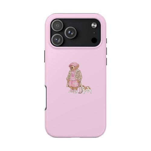 Light pink phone case with teddy bear girl design and camera module opening