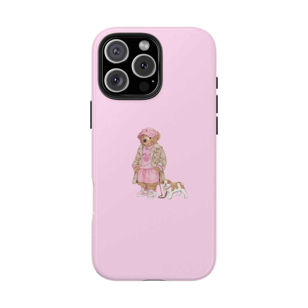 Pink phone case with teddy bear girl graphic and raised camera cutout