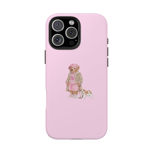 Pink phone case with teddy bear girl graphic and raised camera cutout