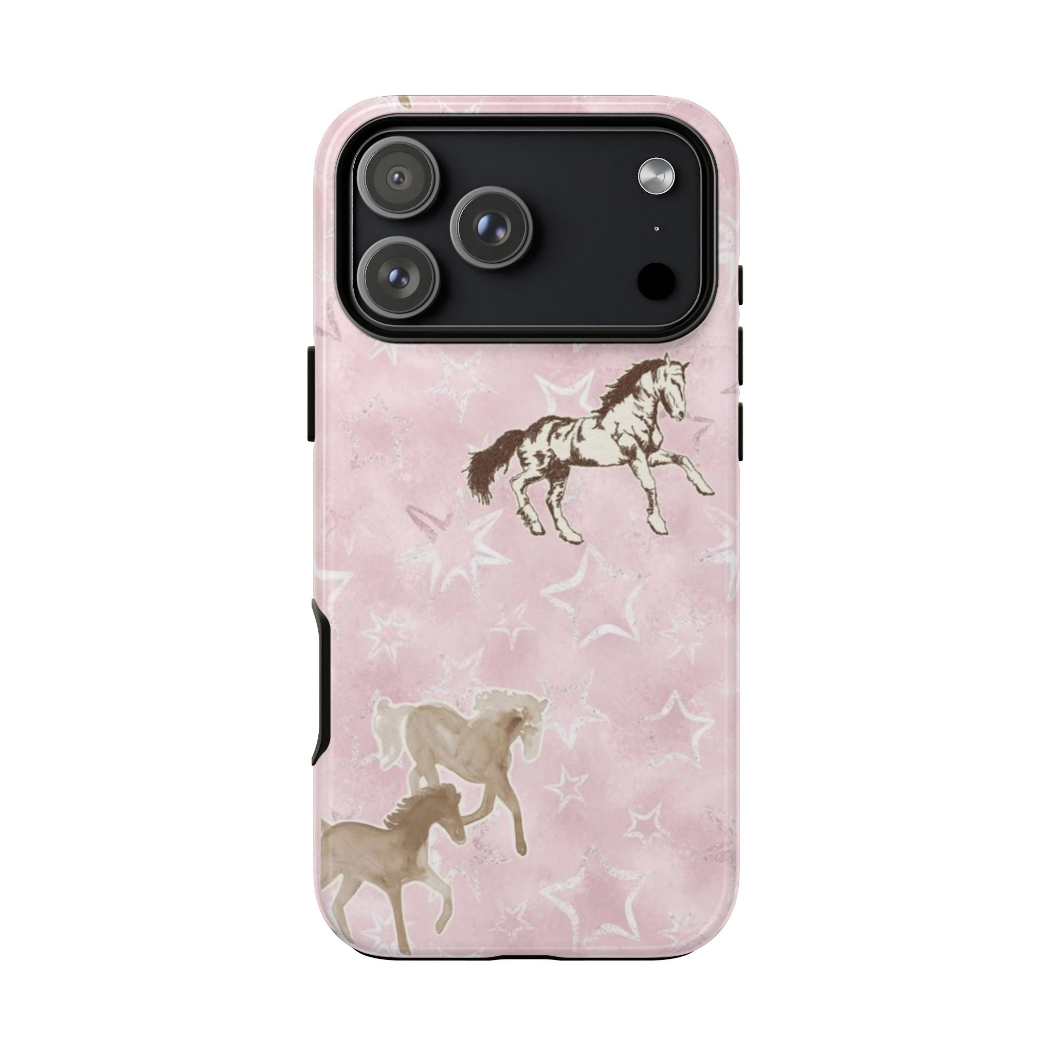 Pink horse phone case with white stars and brown running horse, camera cutouts