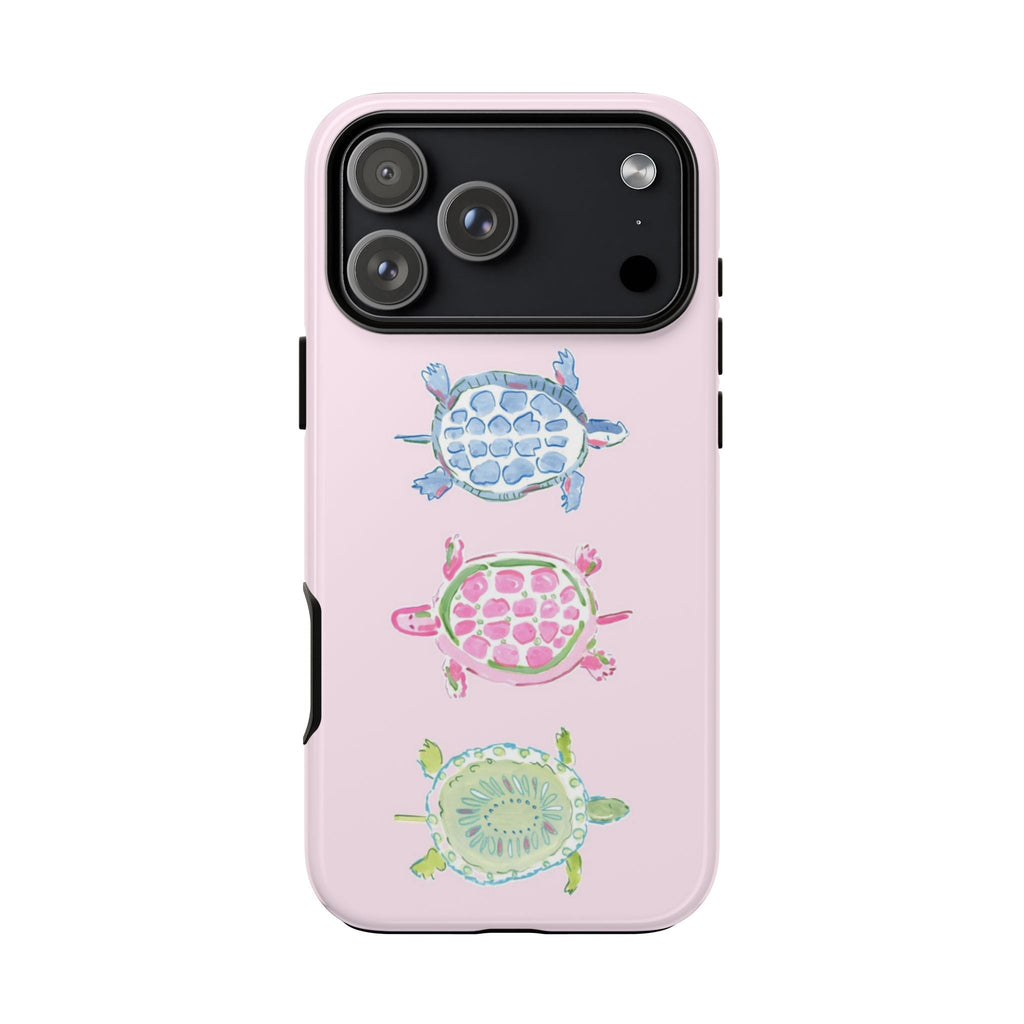 Pink iPhone-style case with sea turtle print and raised camera frame on back