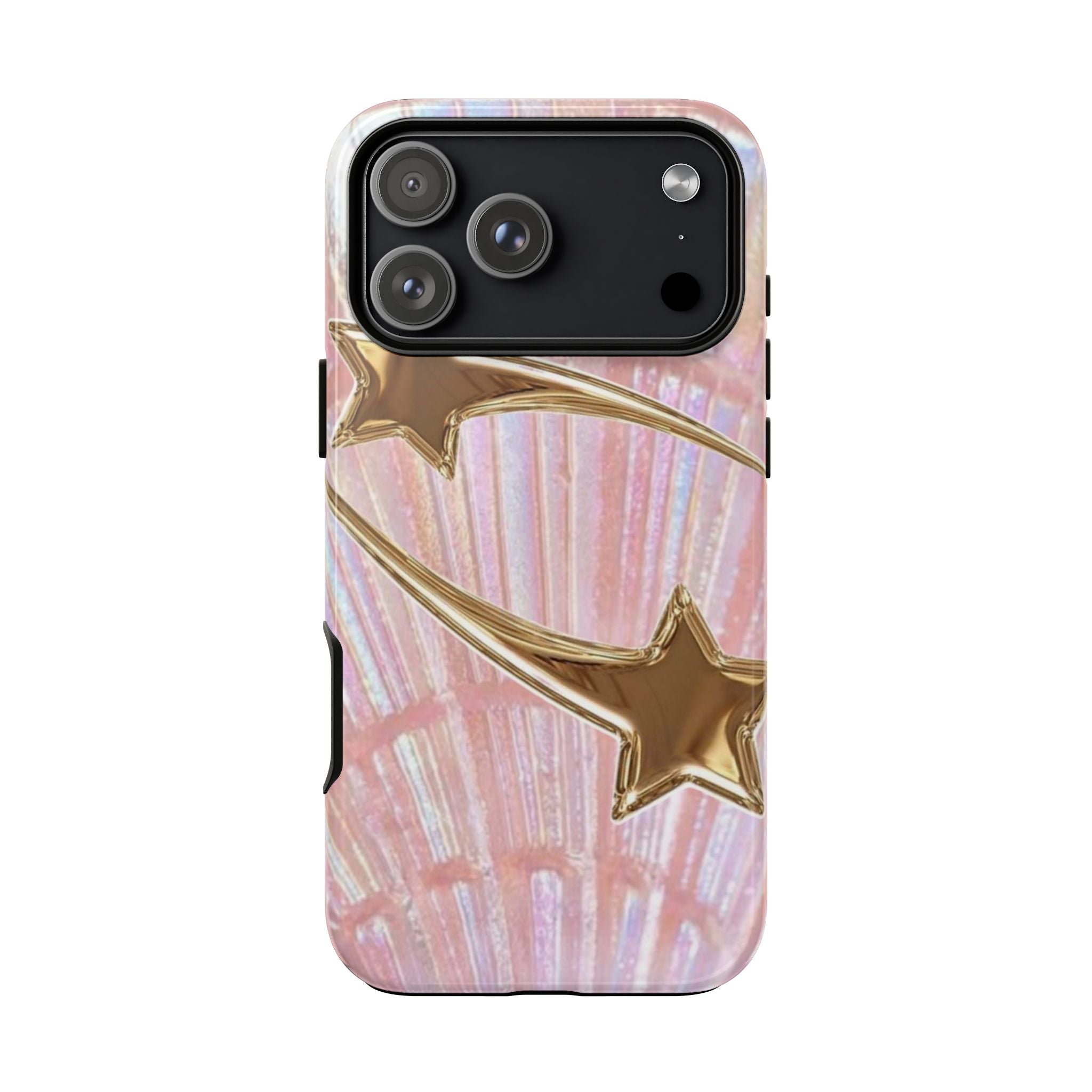 Pink shell phone case with gold star stripe across back and raised camera cover