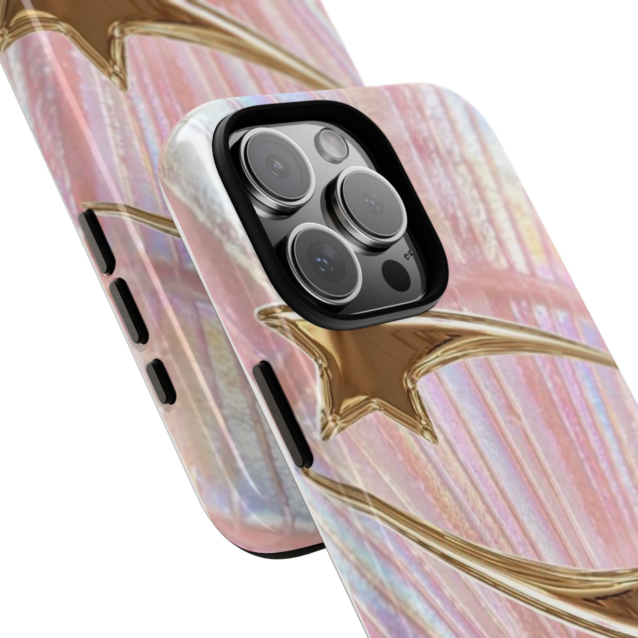 Pink iridescent shell phone case with gold star design, shown from side angle