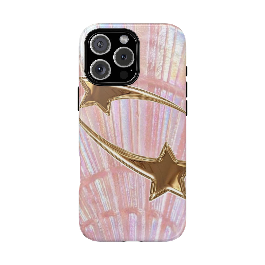 Pink iridescent shell phone case with gold star swoosh and camera cutout