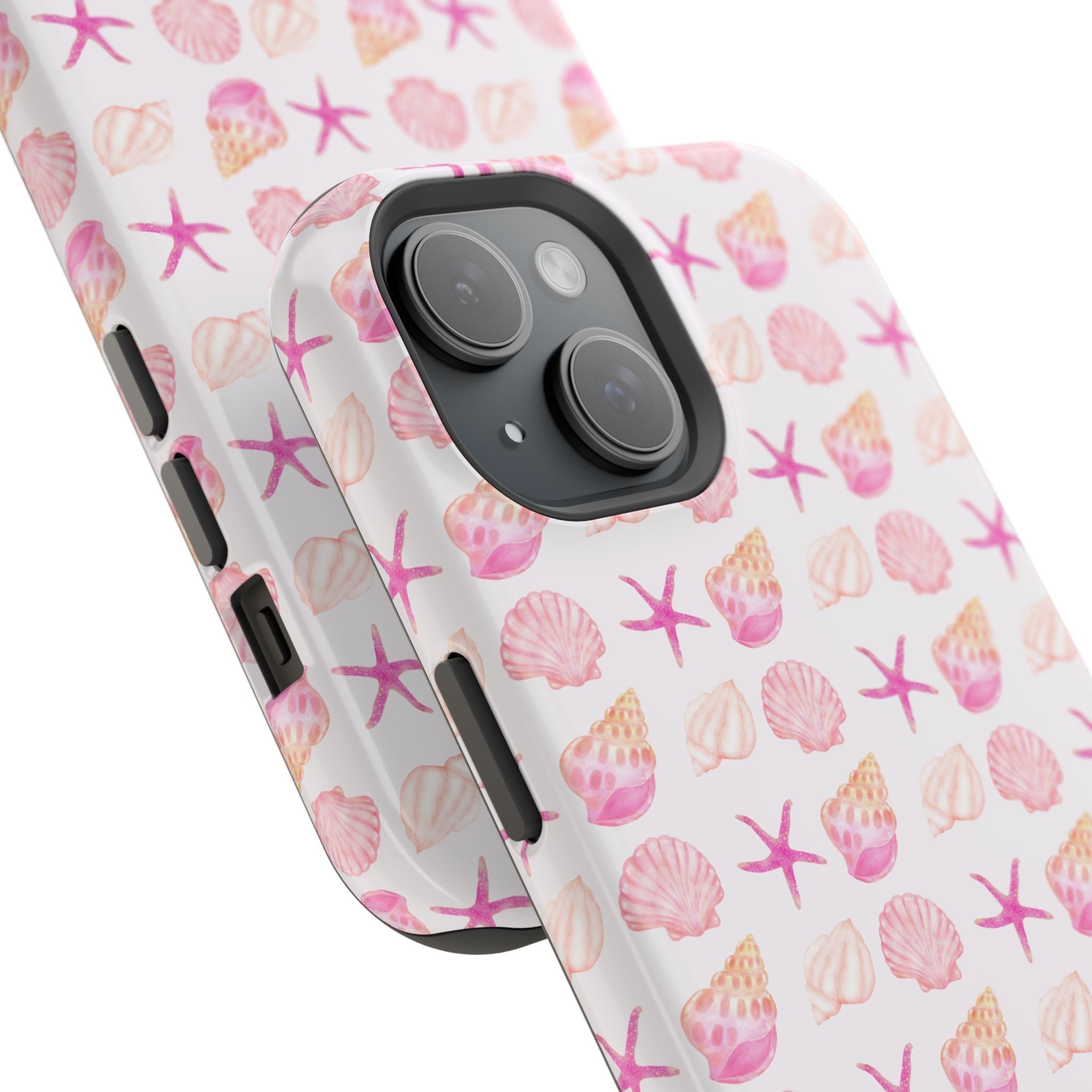 Angled pink shells and stars phone case showing camera cutout and side buttons