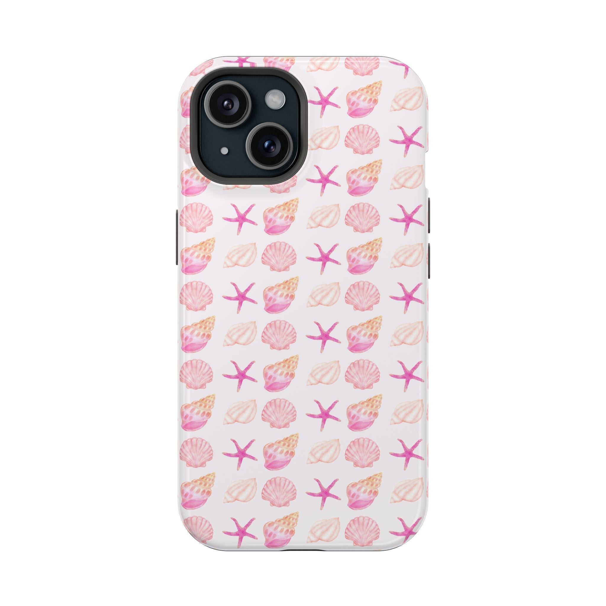 Pink shells and stars phone case with cutouts for camera and flash