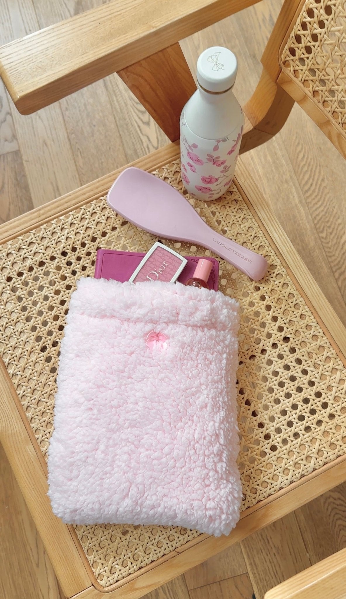 Pink soft teddy Bible booksleeve with top bow and wide carrying strap