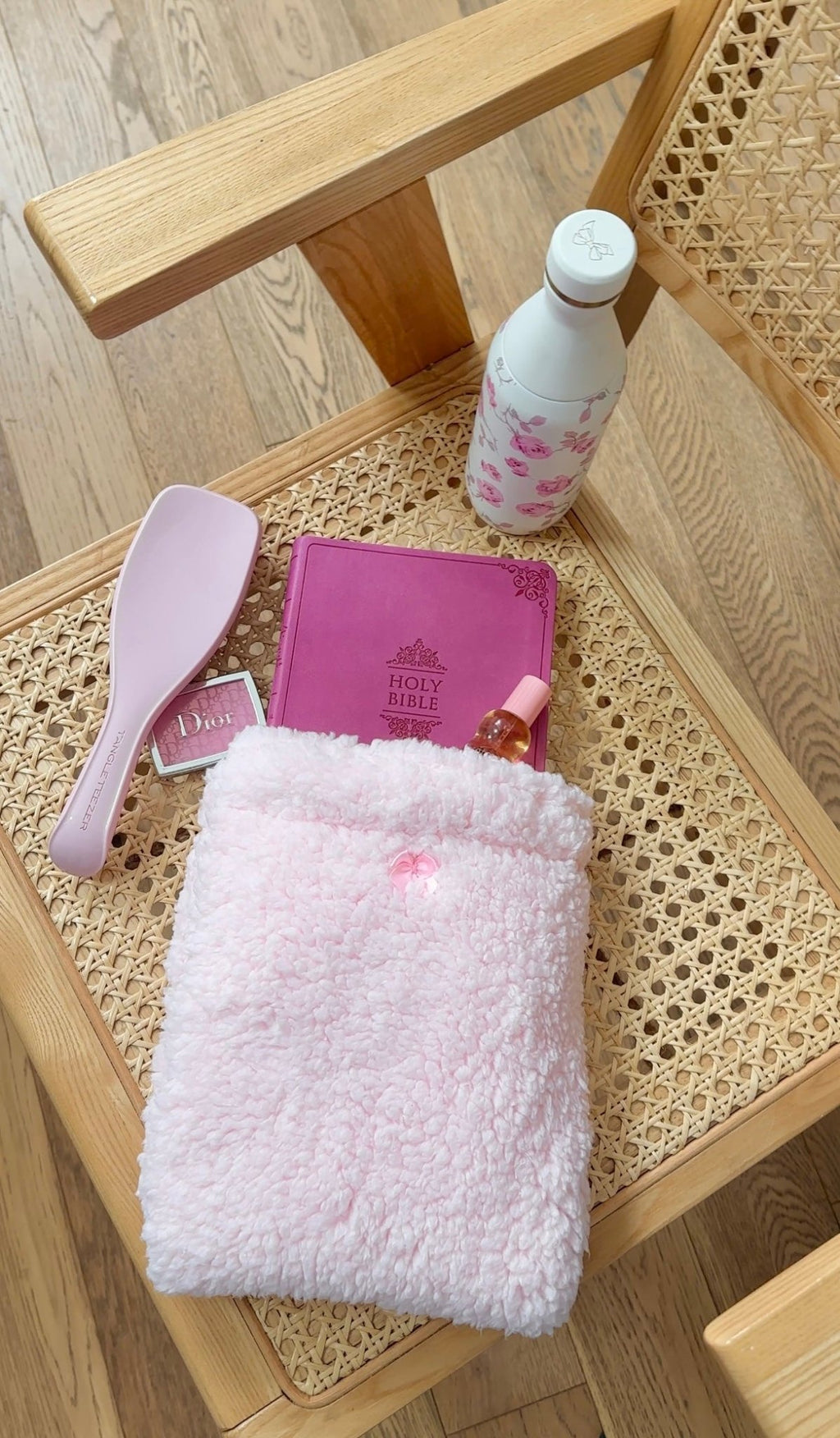 Pink teddy fabric Bible booksleeve with bow detail, soft fuzzy cover