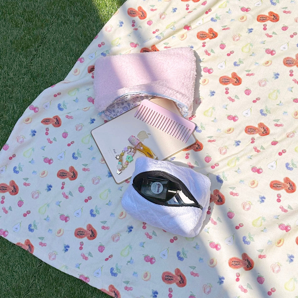 Pink teddy pouch/cover with zipper, set on floral cotton fabric