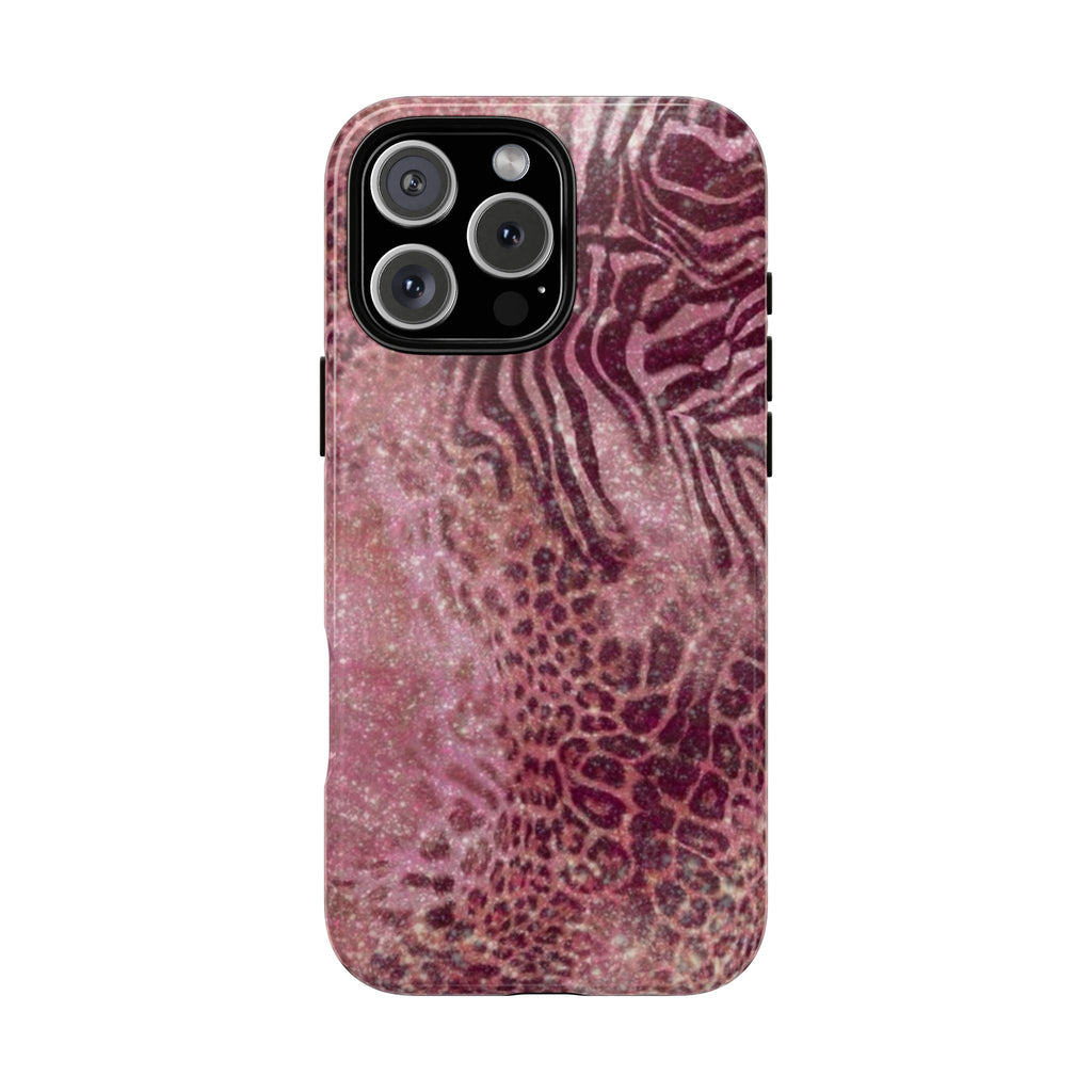 Pink stardust animal print phone case with zebra-and-leopard pattern, camera cutouts