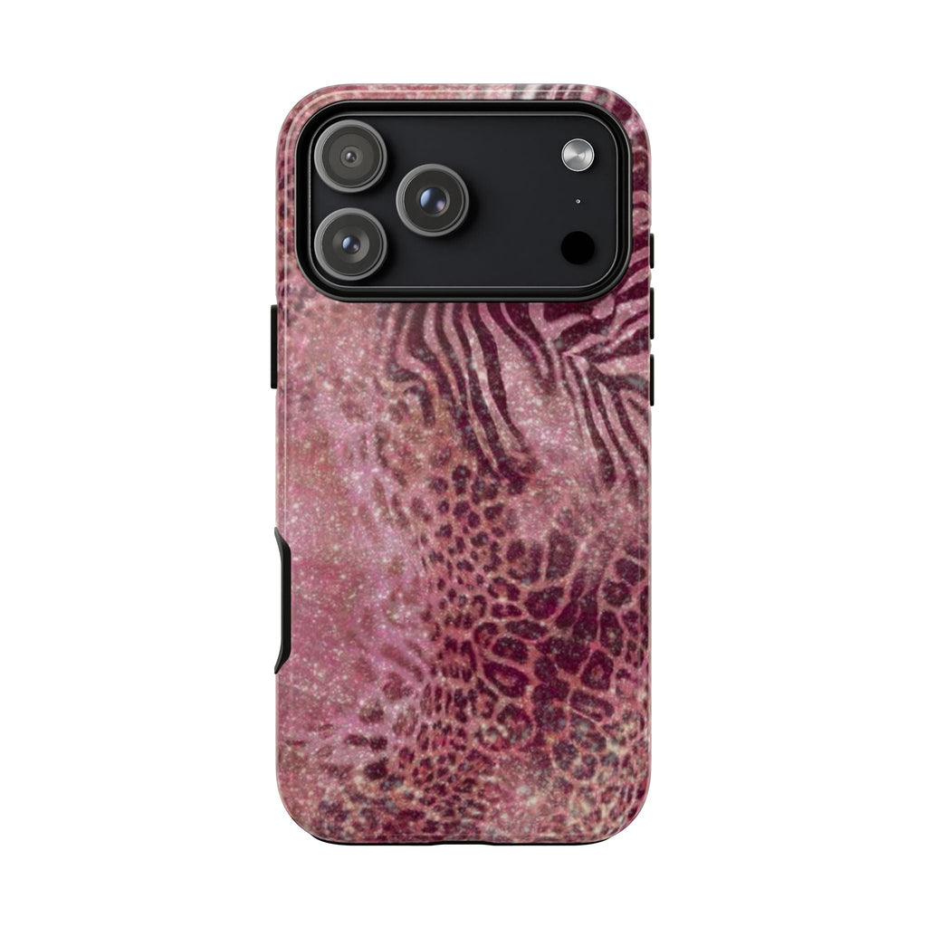 Pink animal print phone case with speckled leopard and zebra pattern, raised camera frame