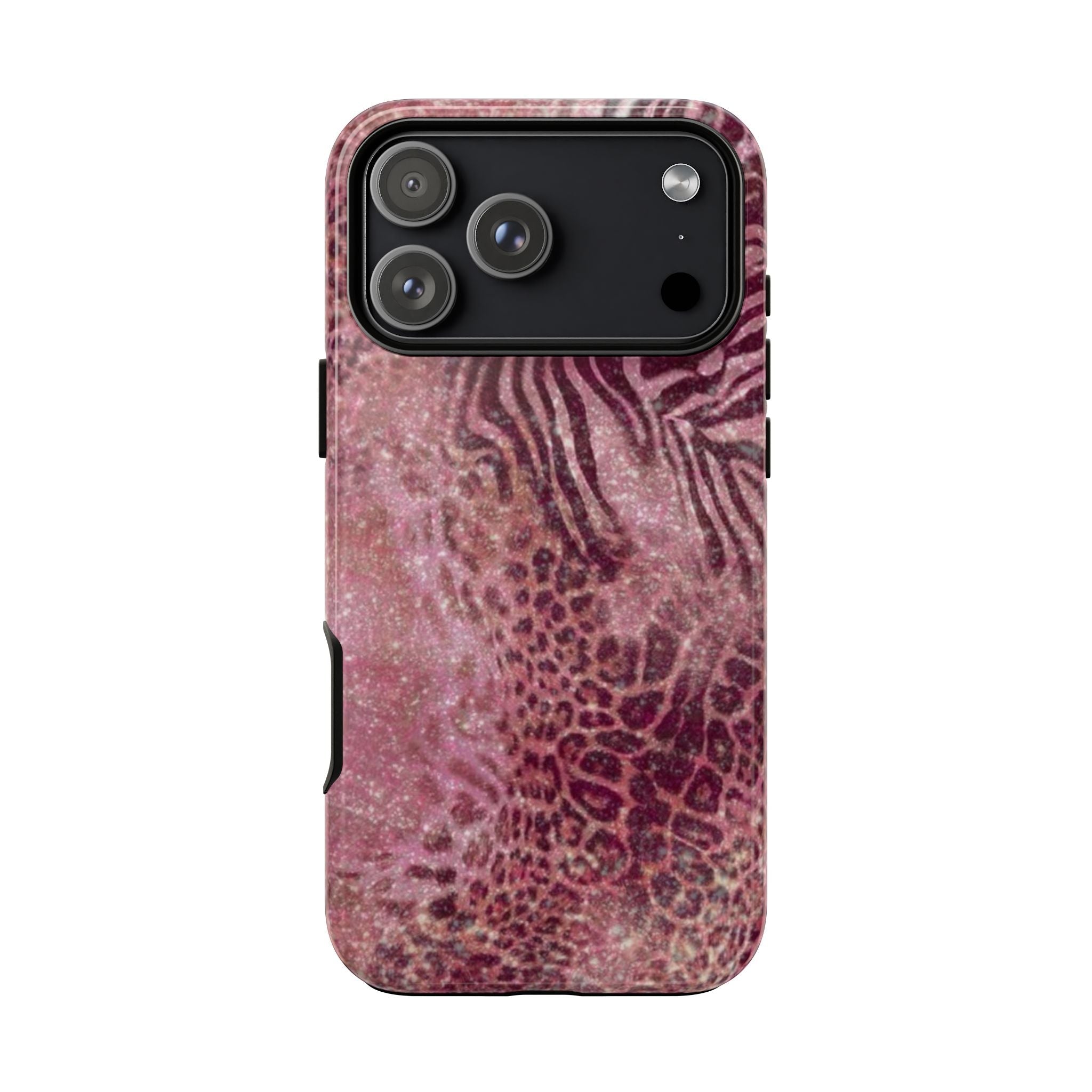 Pink animal print phone case with speckled leopard and zebra pattern, raised camera frame