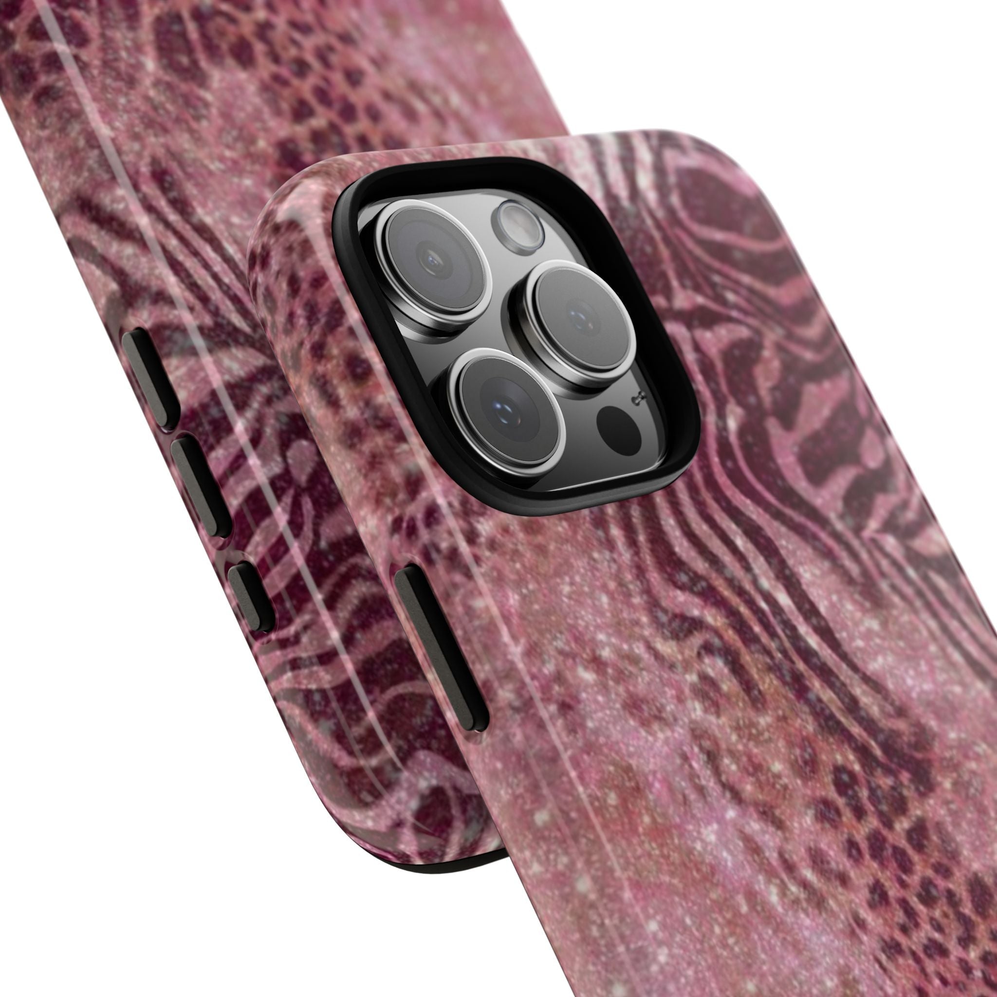Angled view pink stardust animal print phone case with zebra stripes and leopard spots