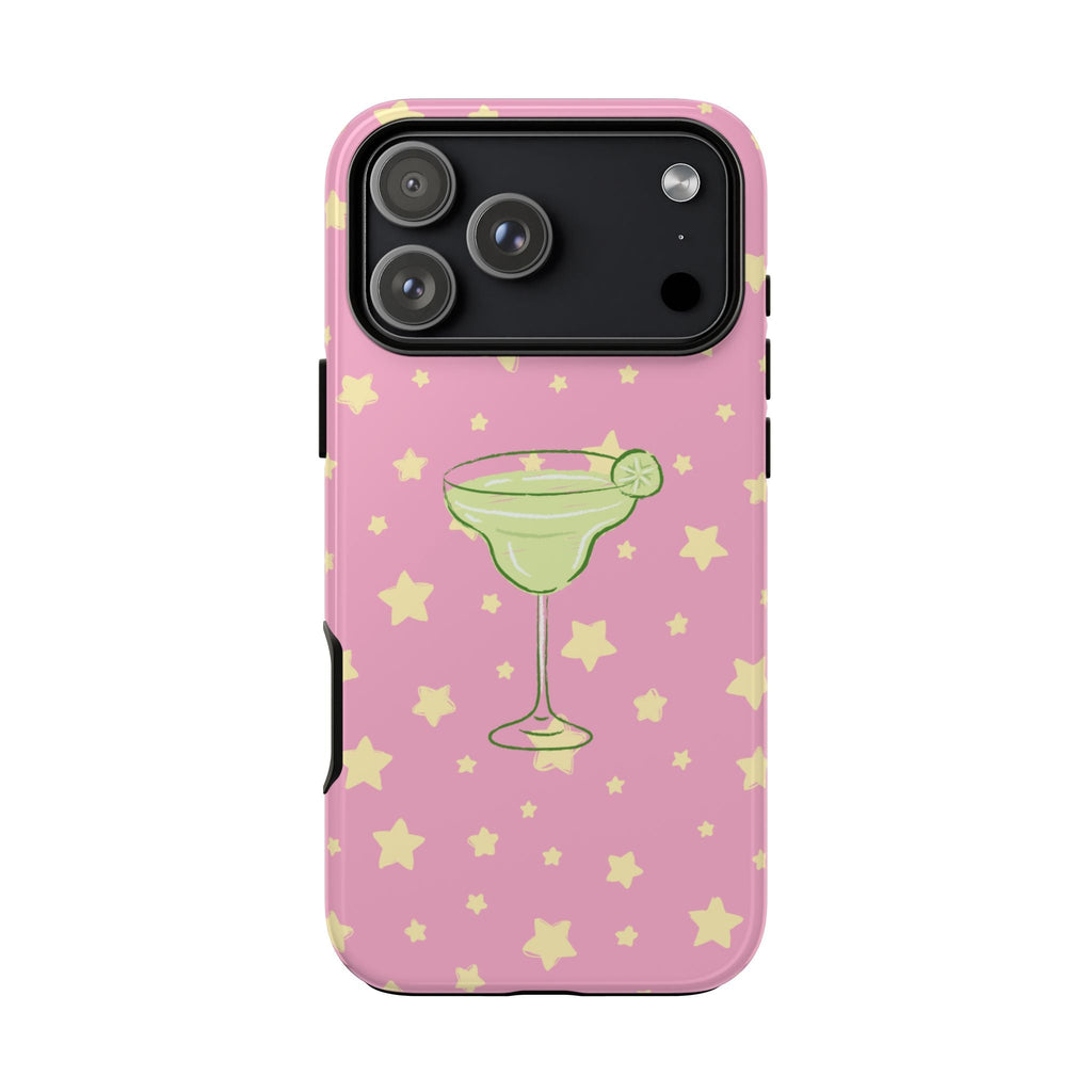 Pink phone case with yellow stars and margarita graphic, camera cutout visible