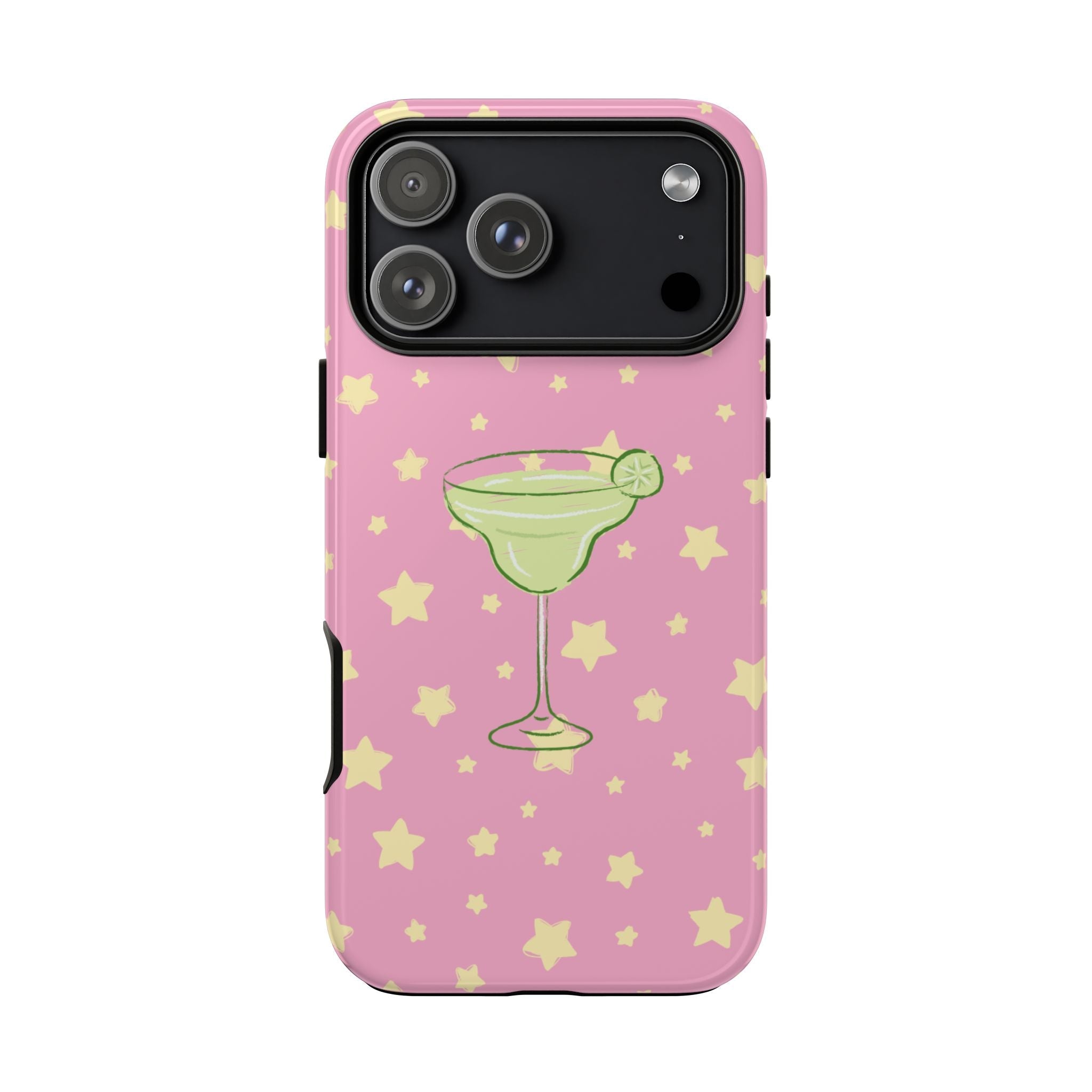 Pink phone case with yellow stars and margarita graphic, camera cutout visible