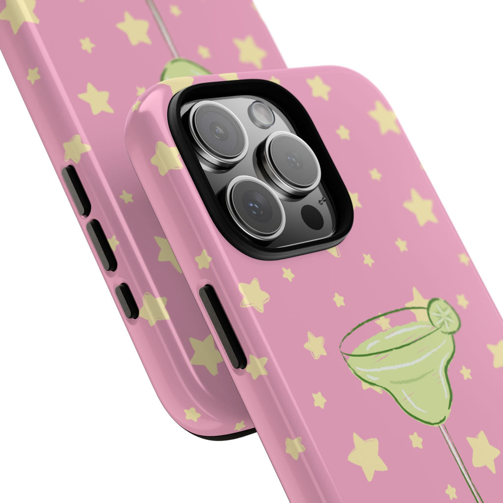 Side view pink phone case with yellow star pattern and green margarita illustration