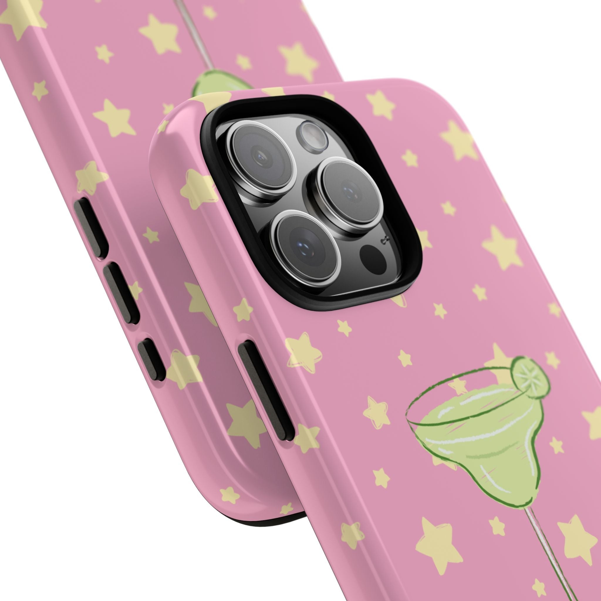 Side view pink phone case with yellow star pattern and green margarita illustration