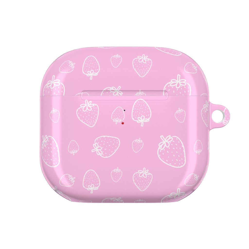 Pink AirPods case with strawberry pattern, closed view with side button cutout