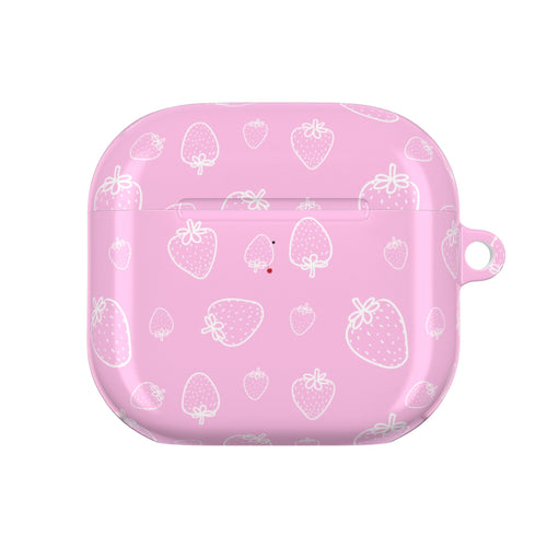 Pink AirPods case with strawberry pattern, closed view with side button cutout