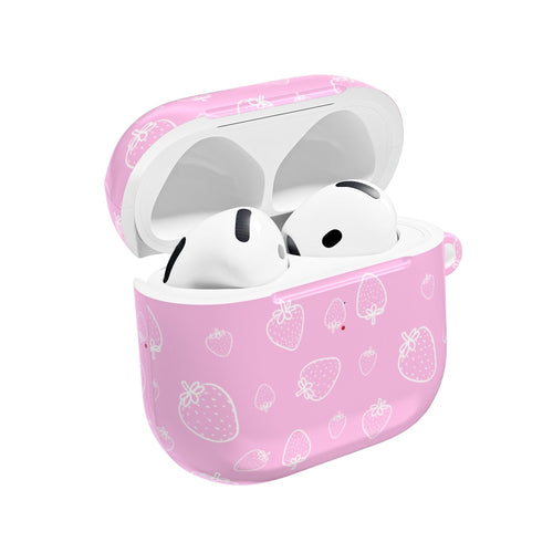 Pink AirPods case with strawberry pattern, open lid showing earbuds