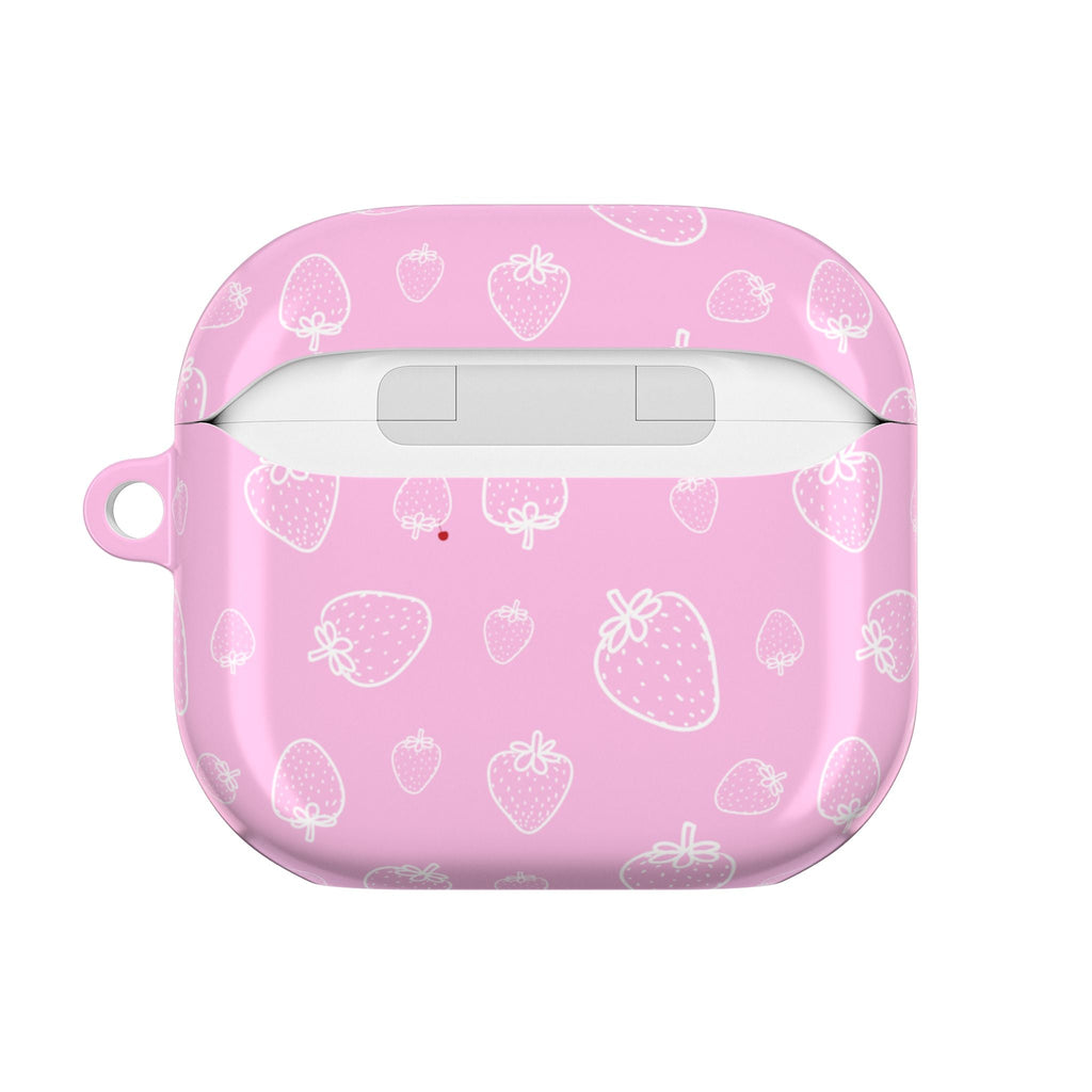 Pink AirPods case with strawberry pattern, front with charging/speaker opening