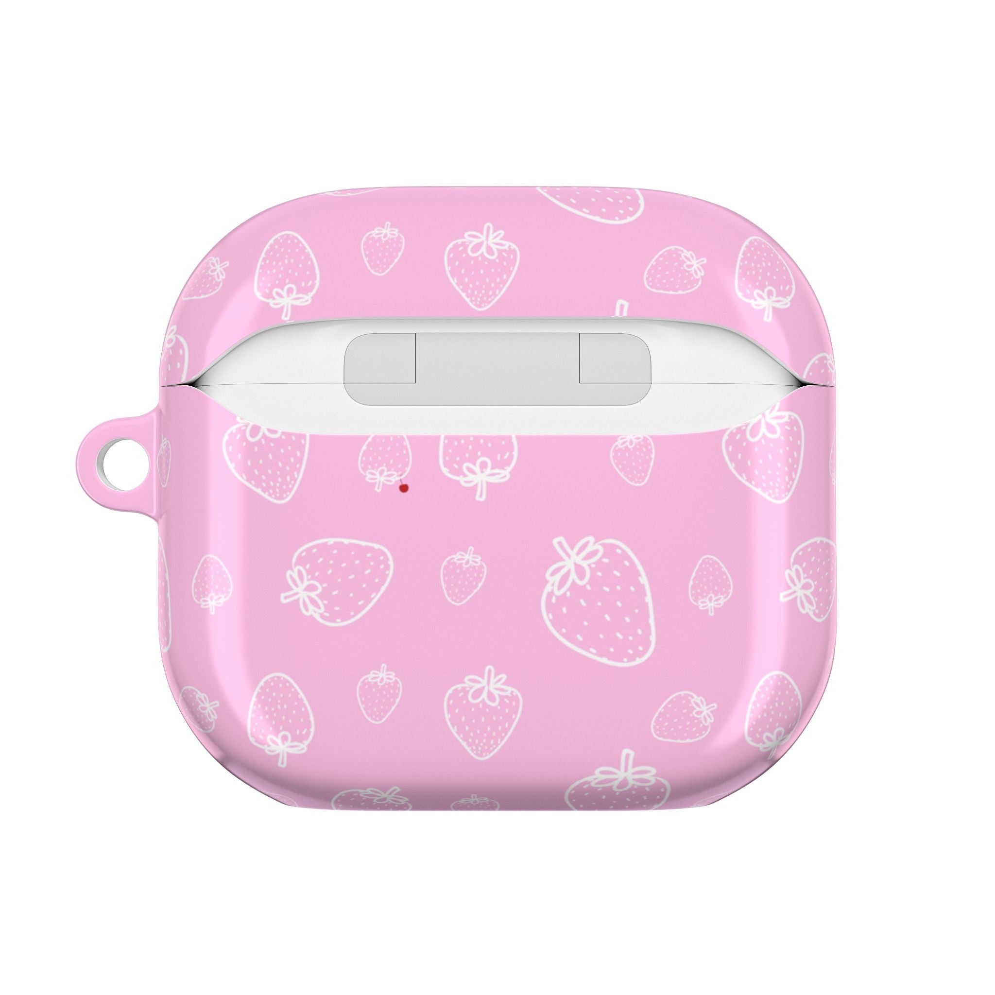Pink AirPods case with strawberry pattern, front with charging/speaker opening