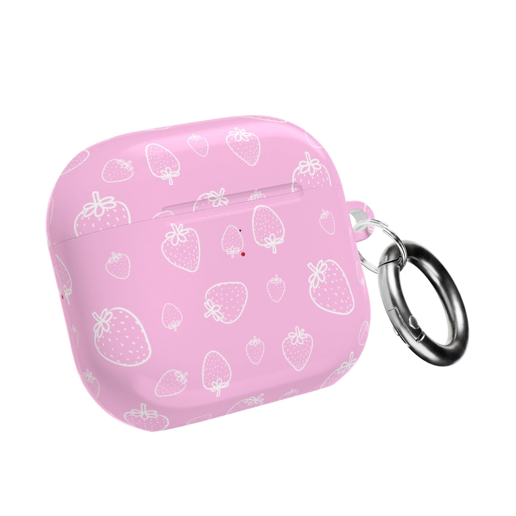Pink AirPods case with strawberry pattern and metal key ring, side view