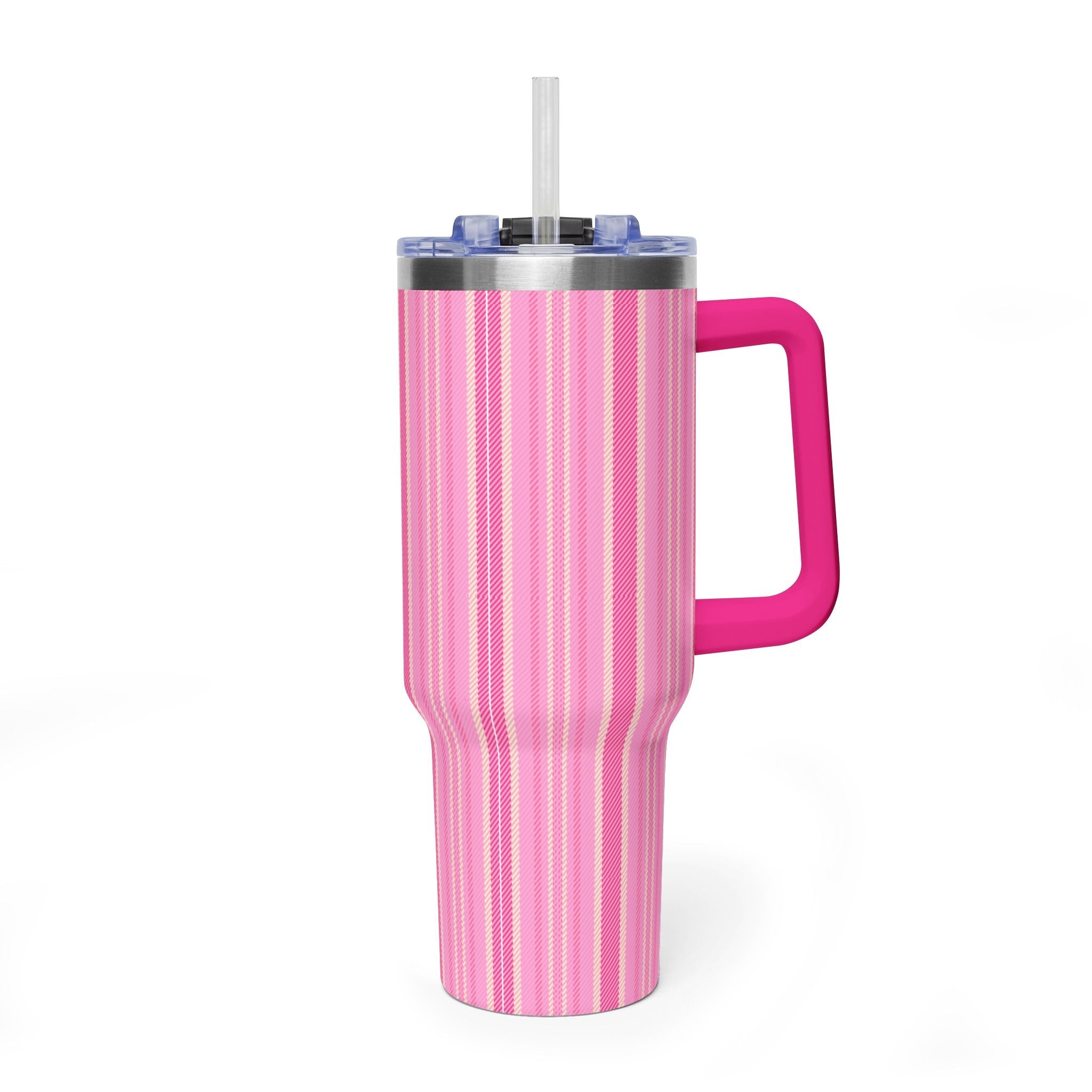 Pink striped 40oz stainless steel tumbler with lid and clear straw, carrying handle.