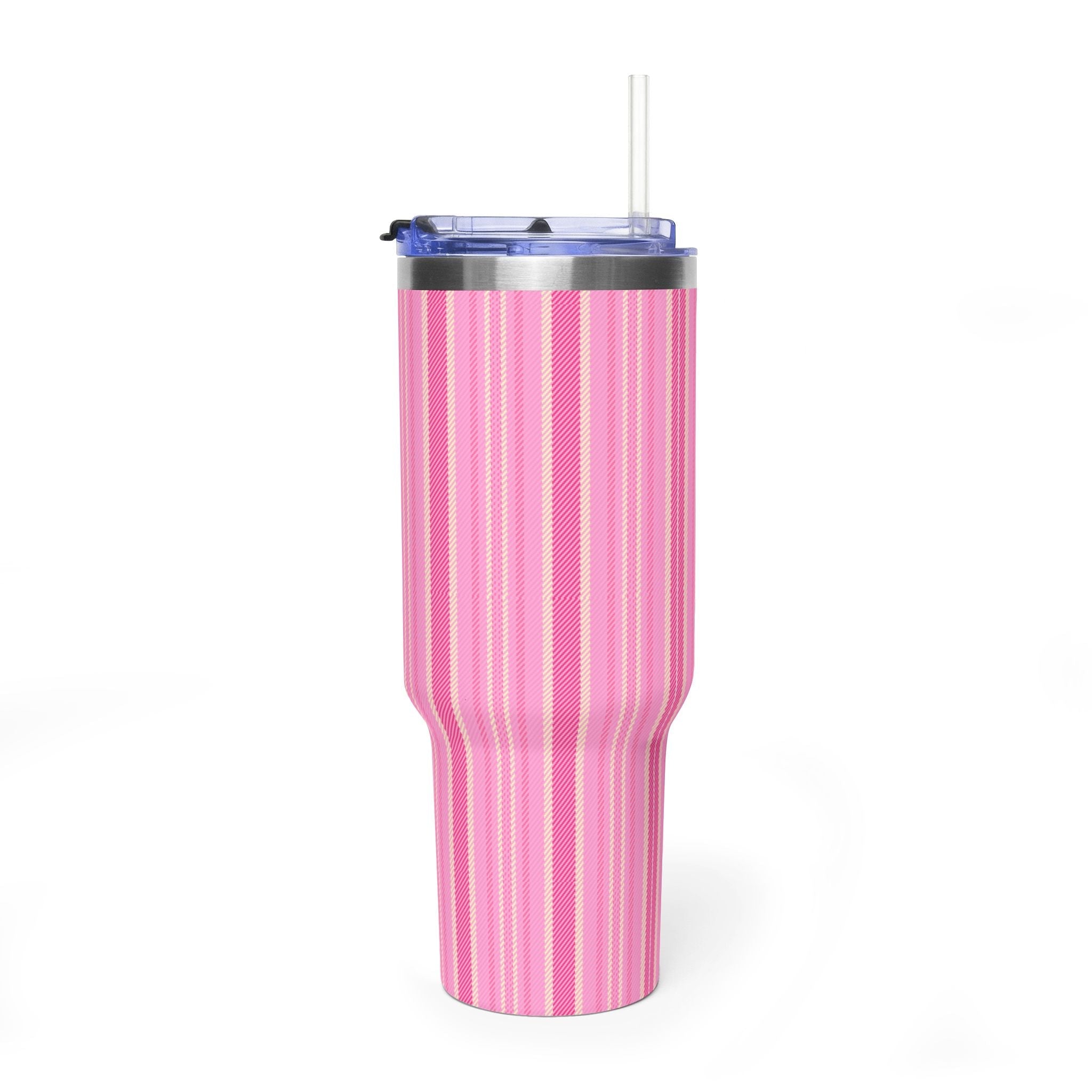 Pink striped 40oz stainless tumbler with clear straw and black rim band, no handle visible.