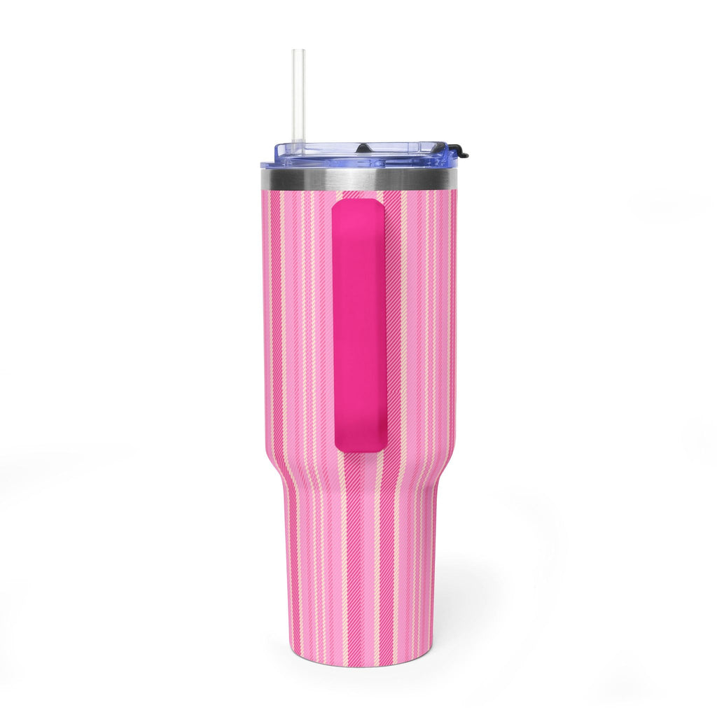 Pink striped 40oz tumbler with lid, clear straw, and pink slide opening.