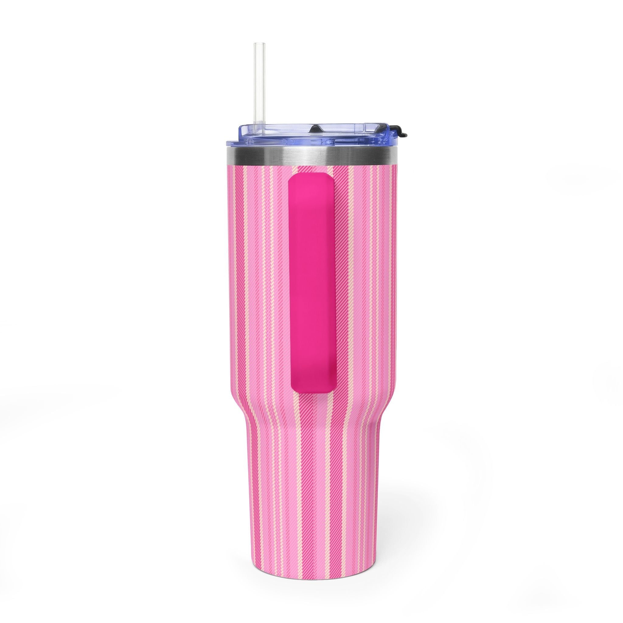 Pink striped 40oz tumbler with lid, clear straw, and pink slide opening.