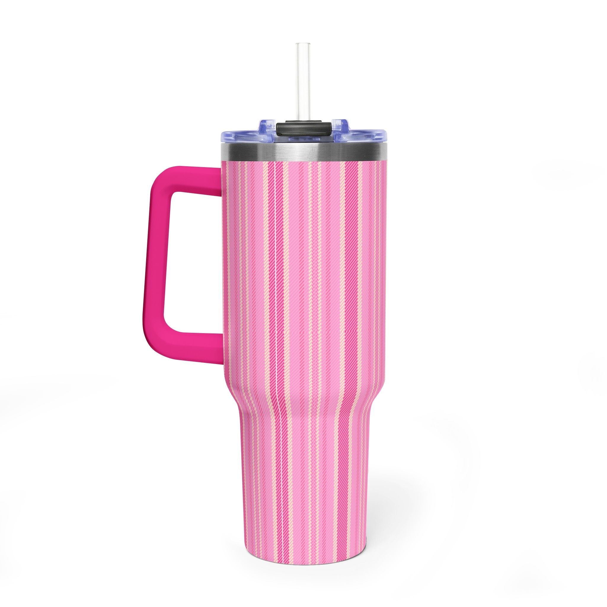 Pink striped tumbler, clear straw and black lid band, with bright pink side handle.