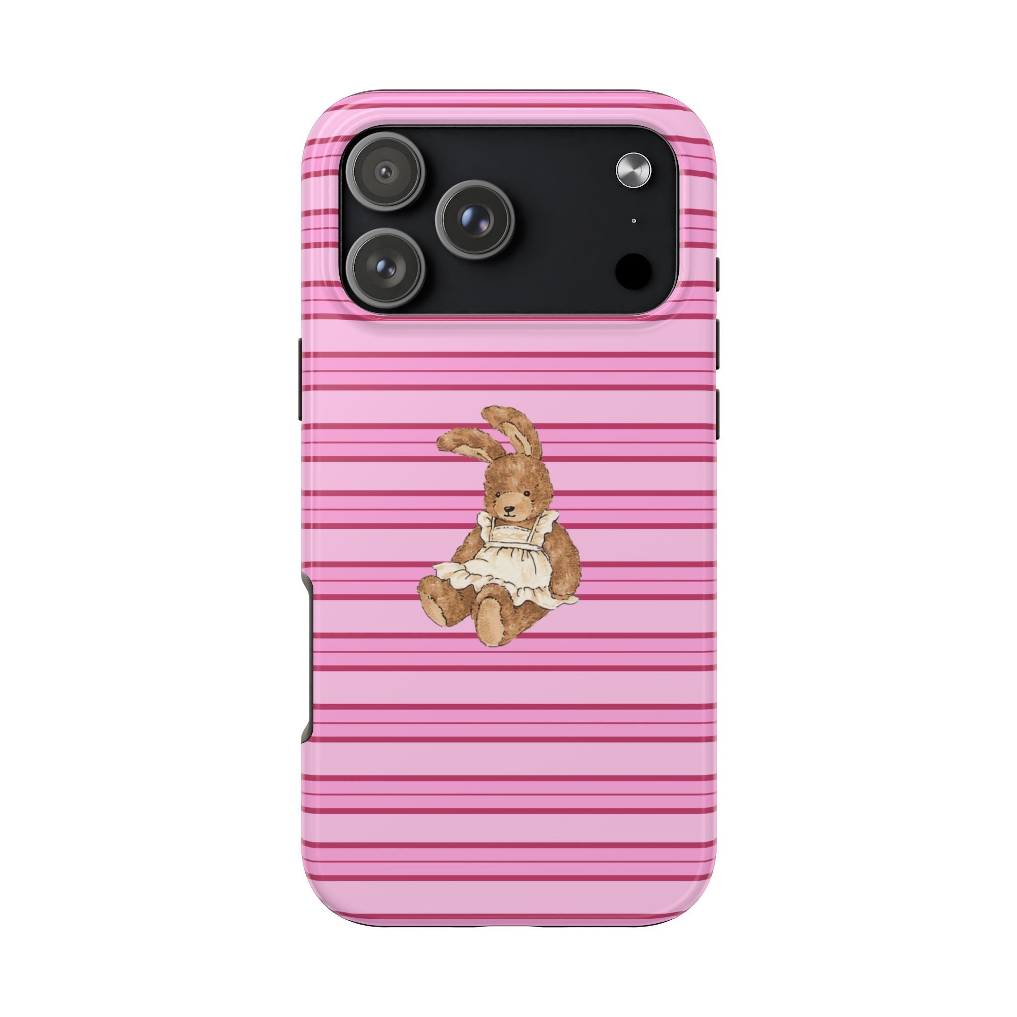 Pink and white striped phone case with sitting bunny and visible camera opening
