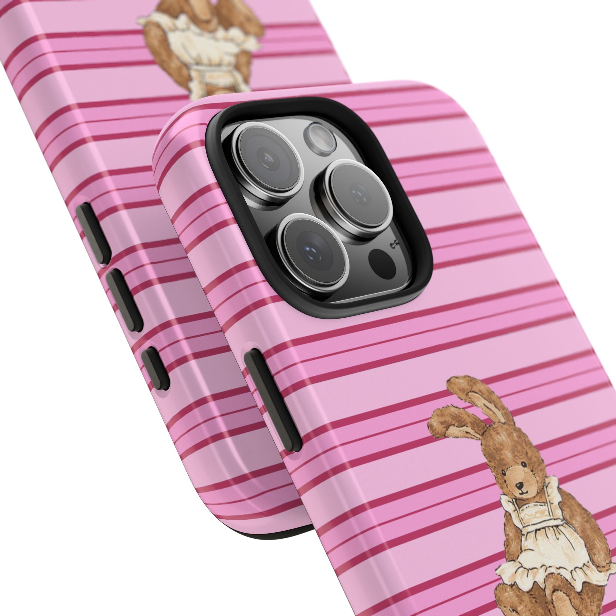 Pink striped phone case with bunny design, raised camera bump and side button cutouts