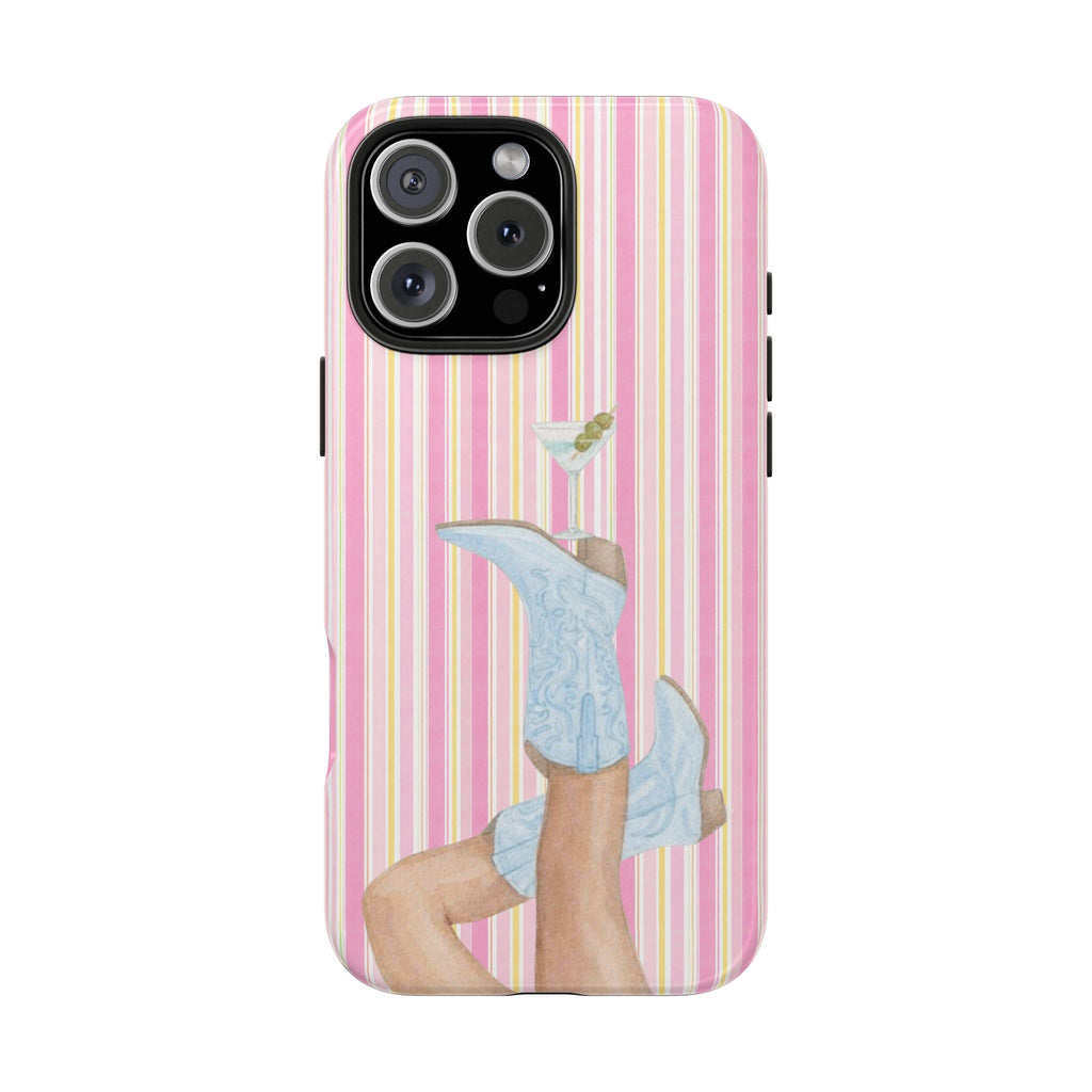 Pink striped phone case featuring cowgirl boots and martini glass illustration