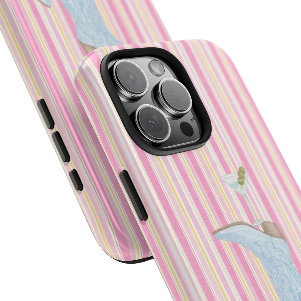 Pink striped phone case close-up with cowgirl boots, martini glass, camera cutout