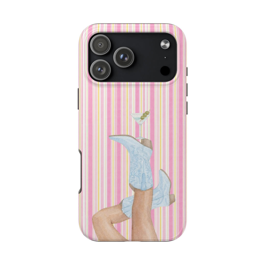 Pink striped phone case with cowgirl boots and martini glass graphic