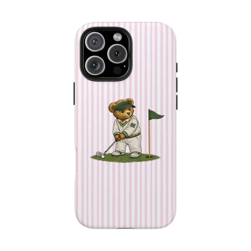 Pink and white striped phone case featuring a golfer bear with flag at hole