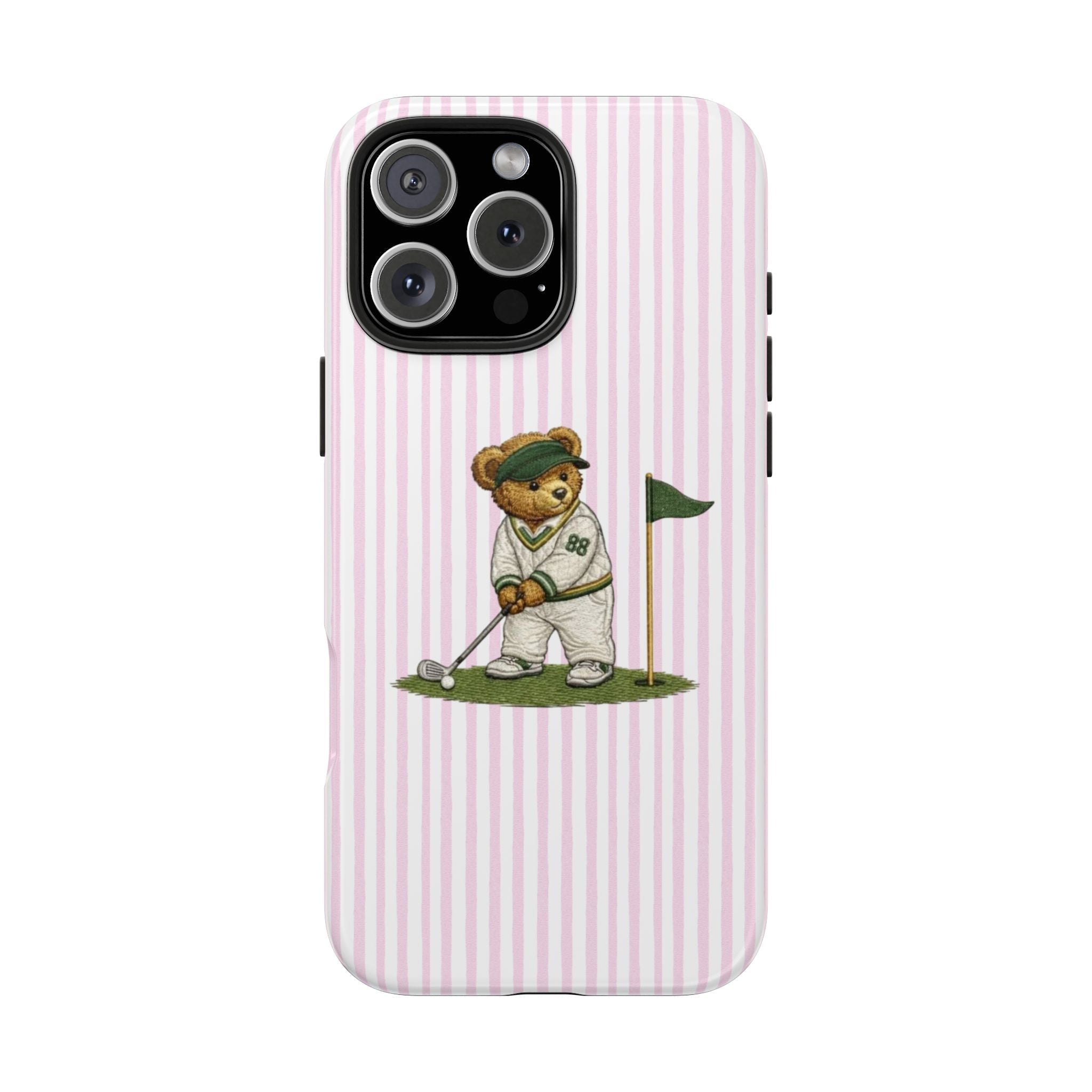 Pink and white striped phone case featuring a golfer bear with flag at hole