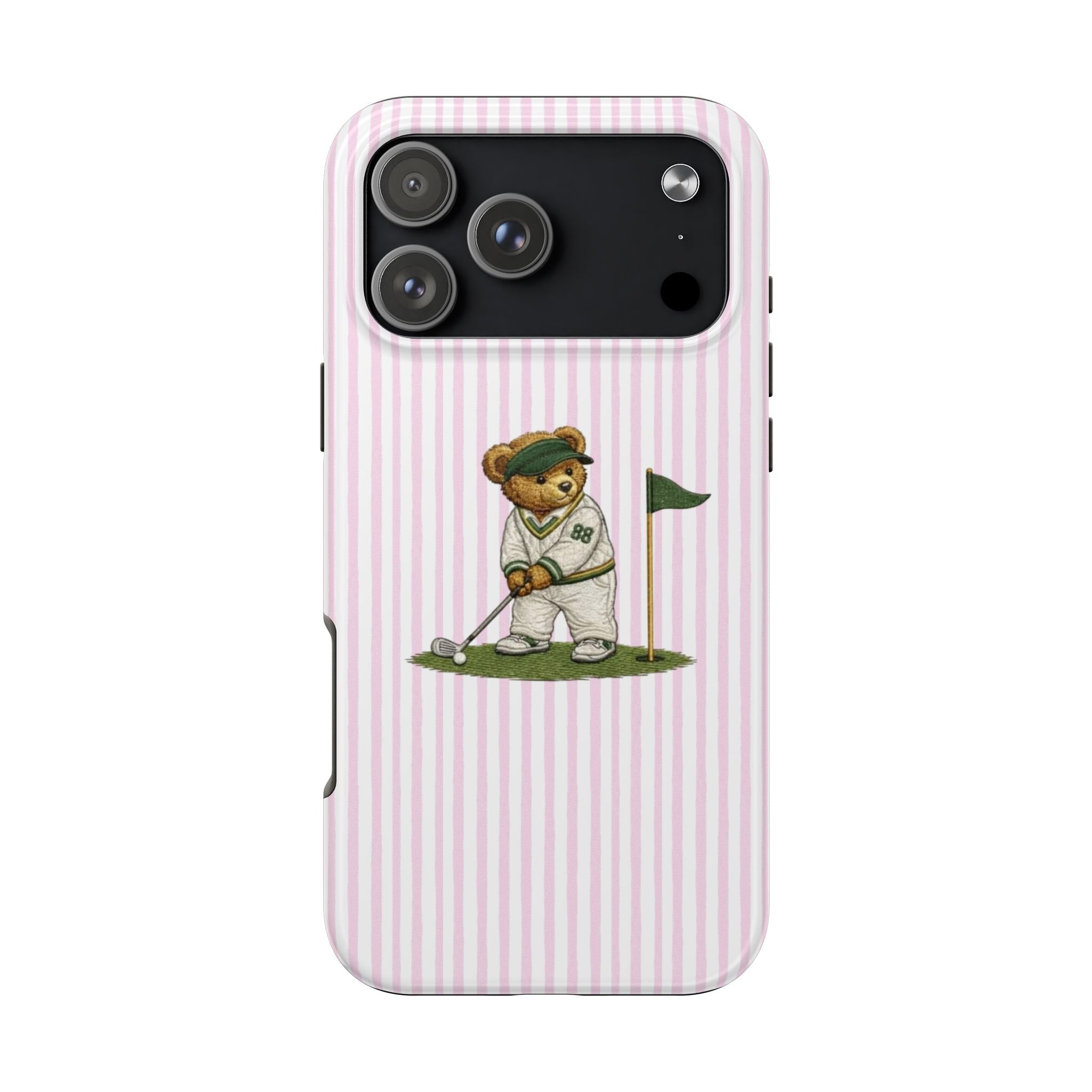 Pink striped phone case with golfer bear holding a flag and golf club