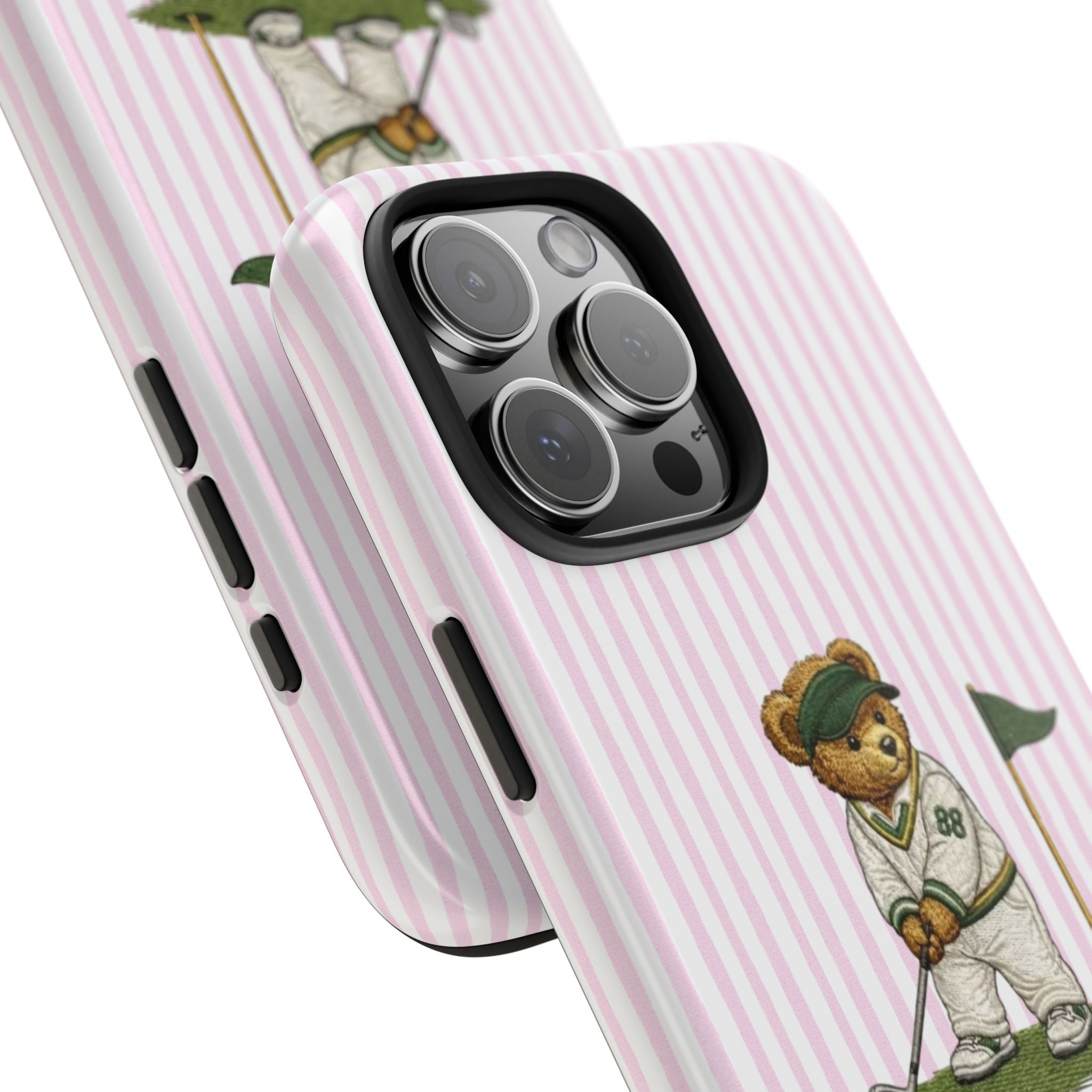Pink striped phone case angled; golfer bear emblem and camera cutouts