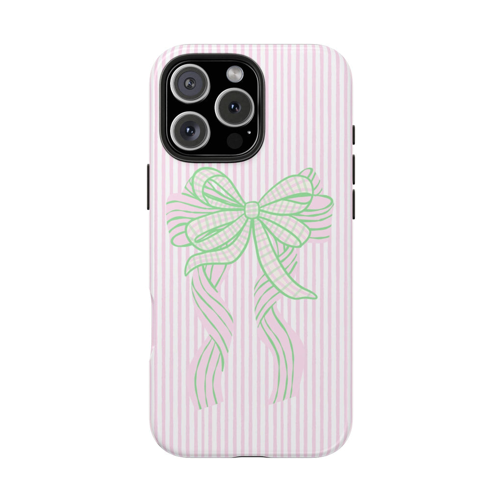 Back view pink striped phone case with large green bow illustration