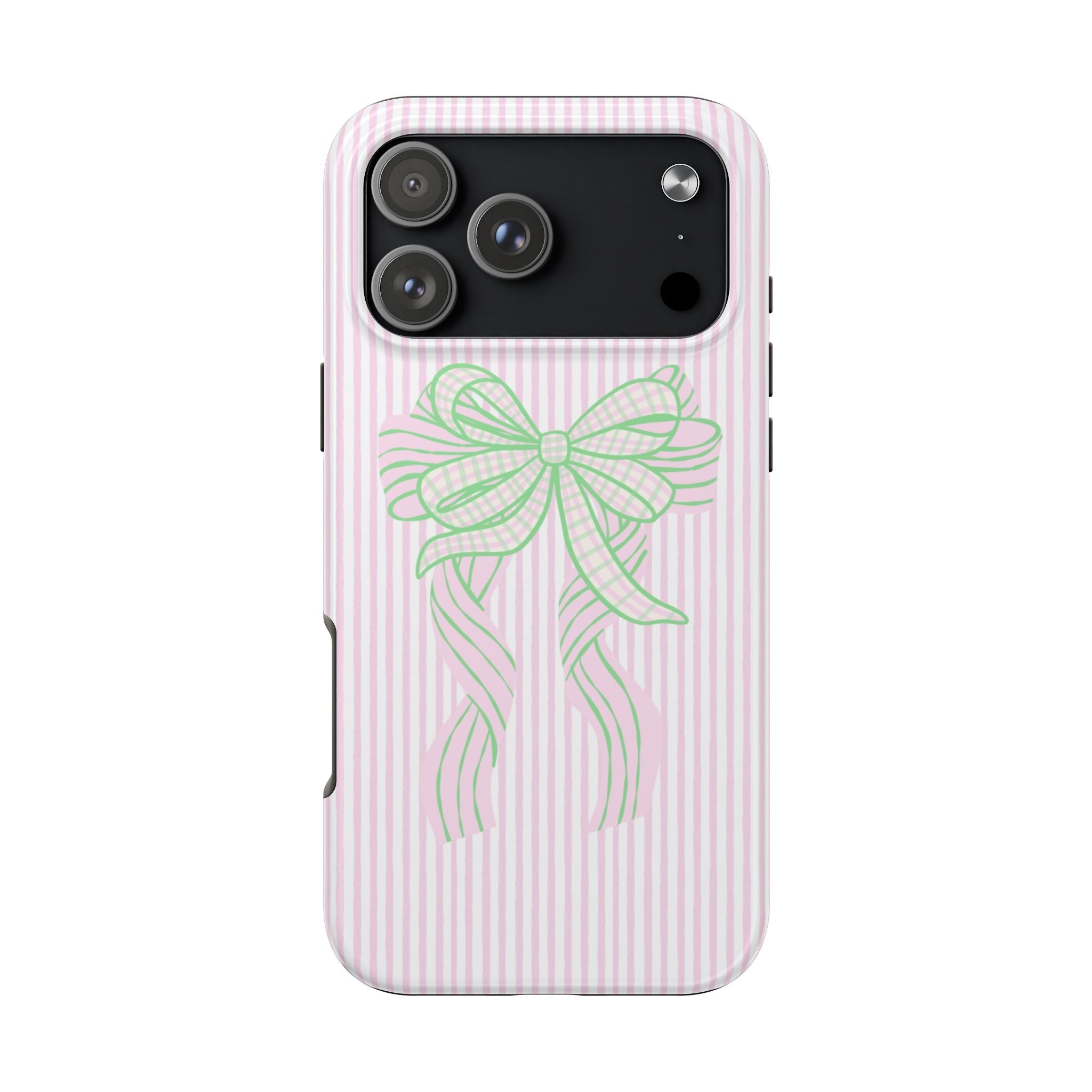 Pink striped phone case with green bow, raised camera cutout