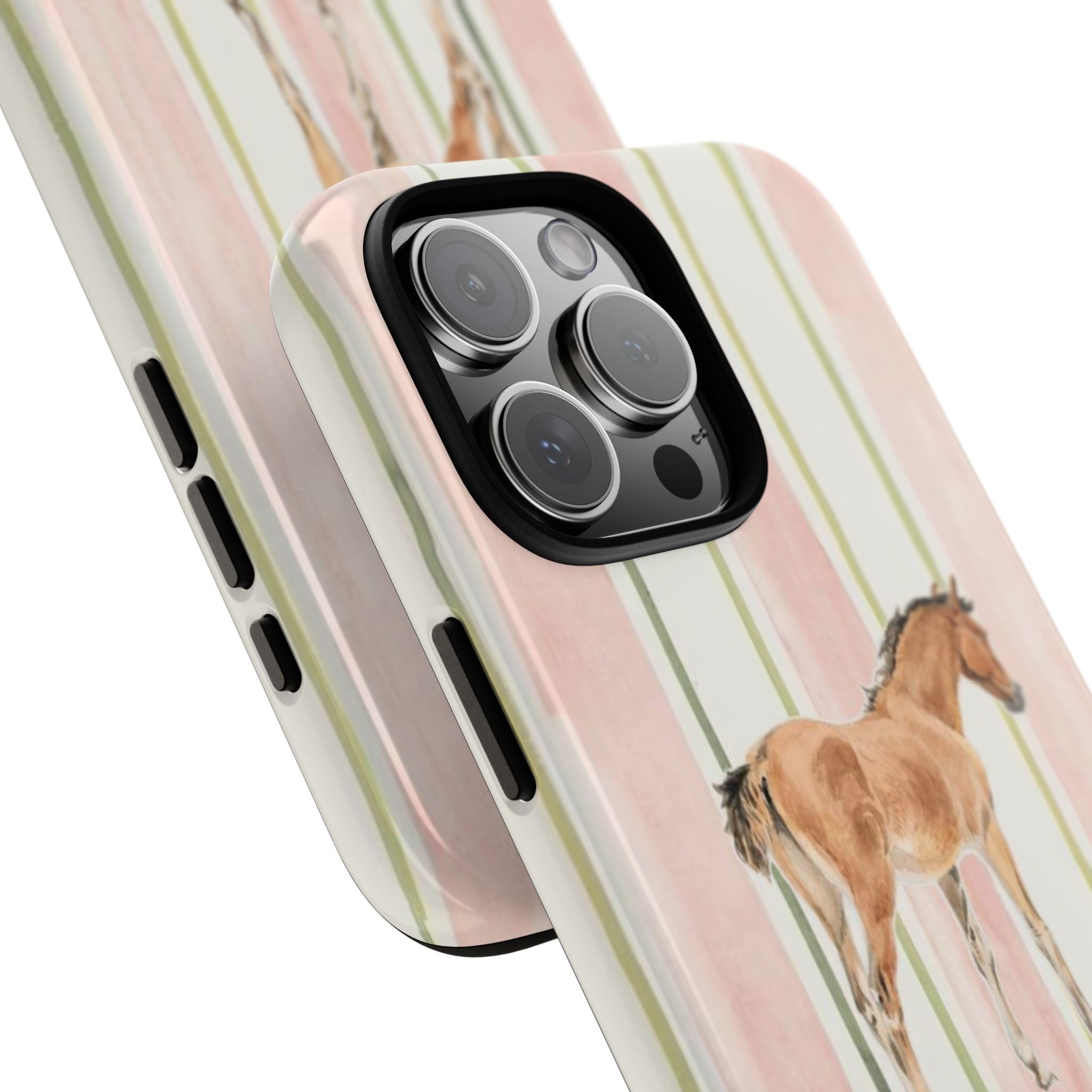 Pink striped horse phone case angled view showing camera lenses and side buttons
