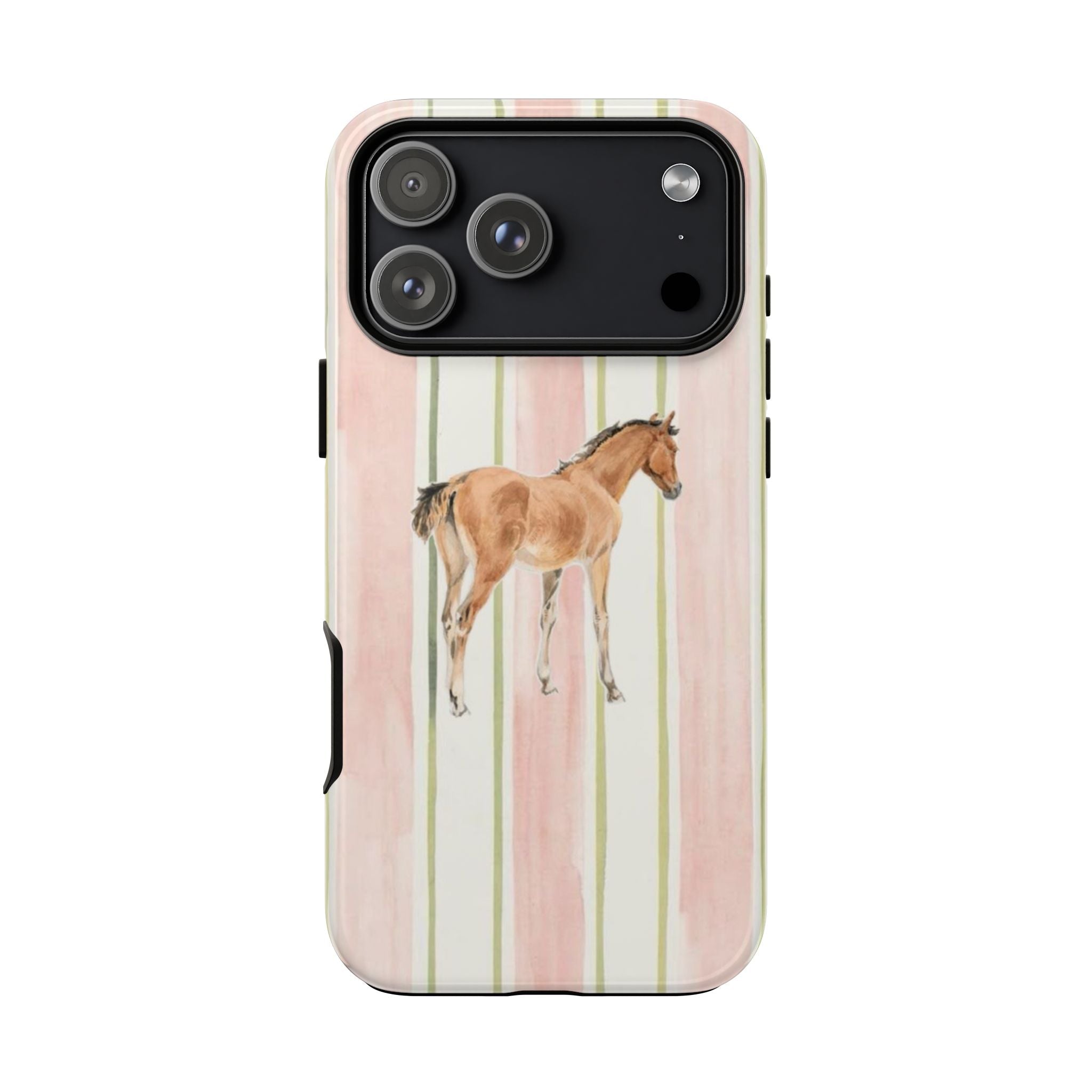 Pink striped horse phone case back view with horse art and camera cutout