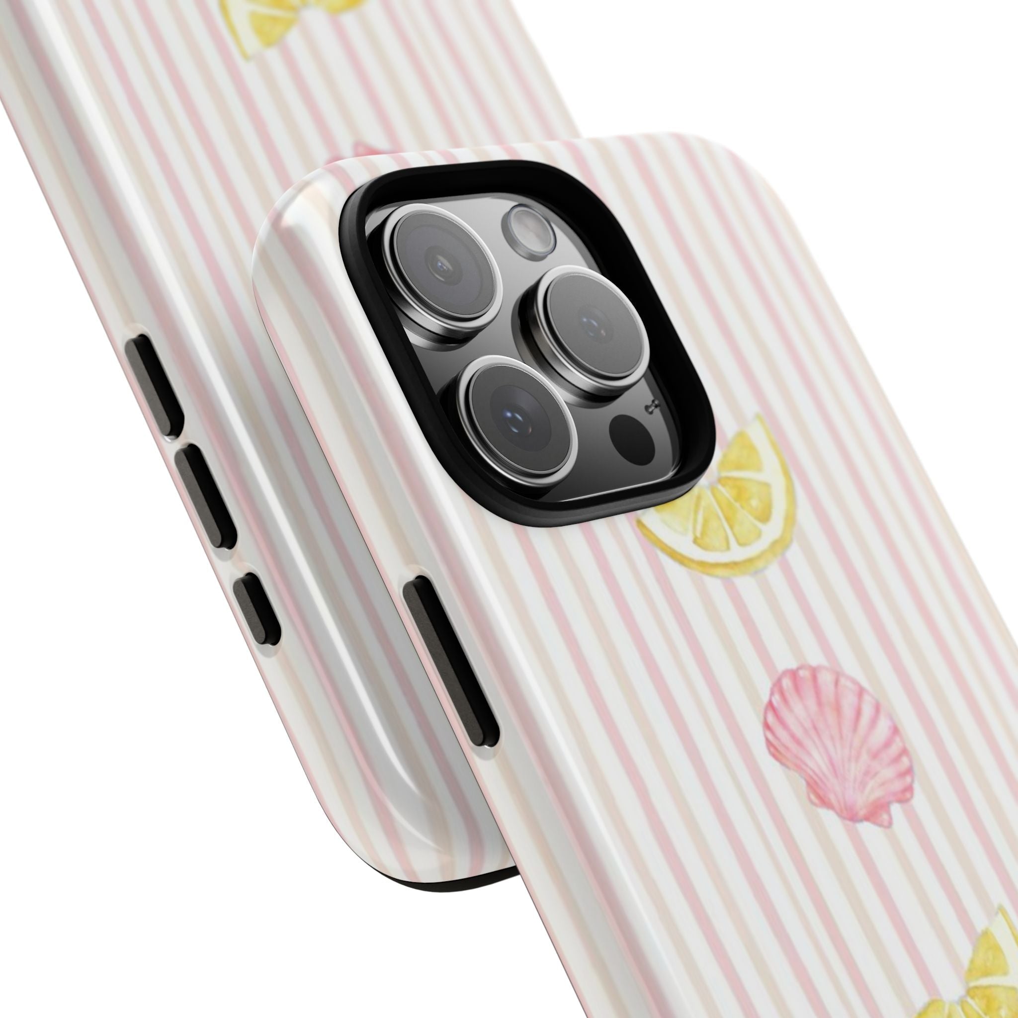 Angled view of pink-and-white striped phone case with lemons and pink shells