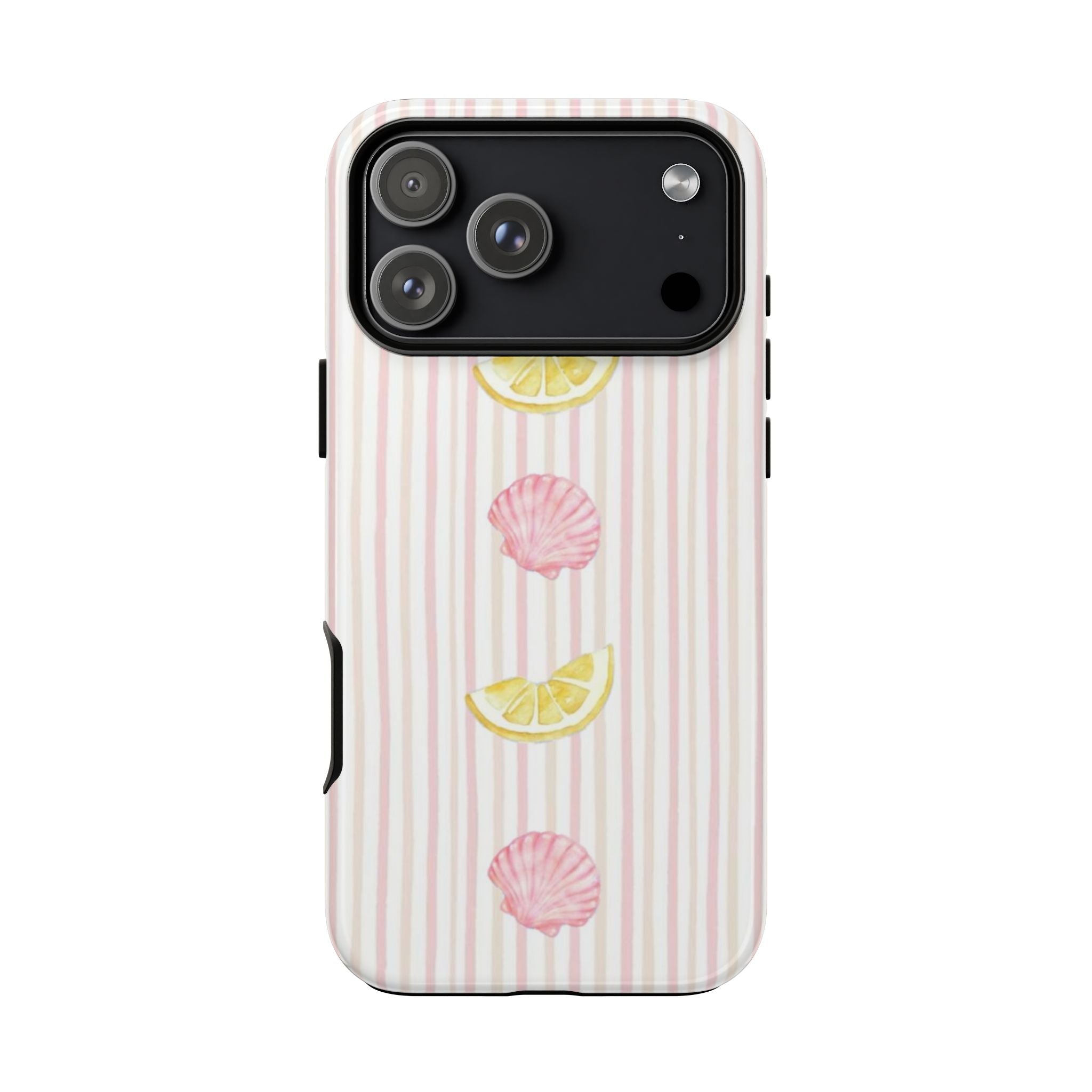 Pink striped phone case with lemon and seashell designs, view of camera cutout