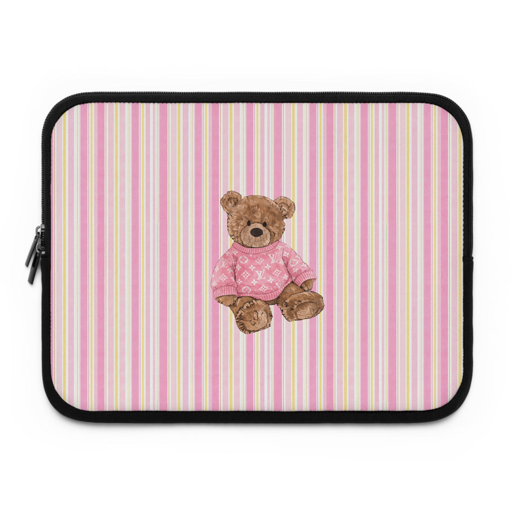 Pink striped neoprene sleeve with teddy bear in a pink shirt and black zipper edge