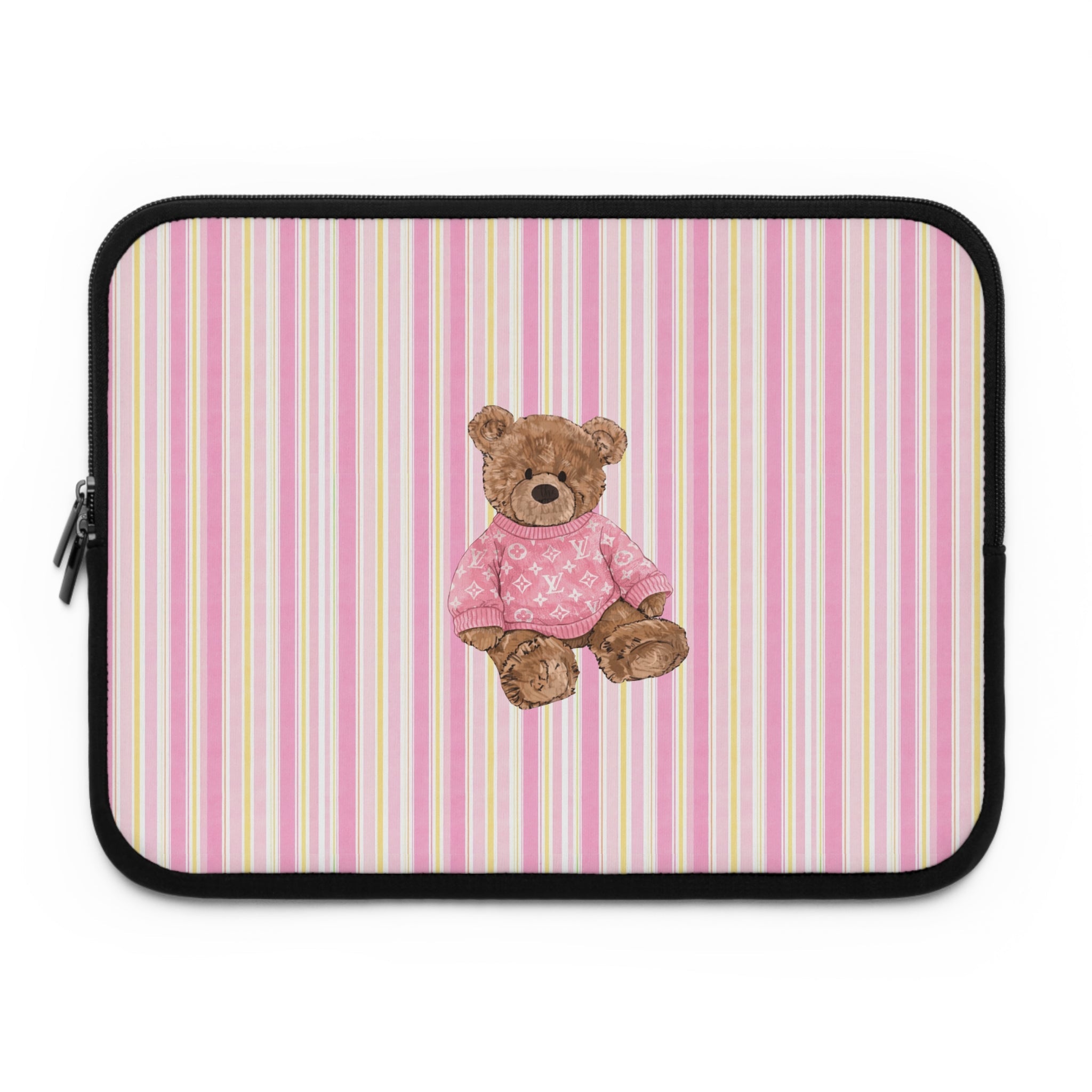 Pink striped neoprene sleeve with teddy bear in a pink shirt and black zipper edge