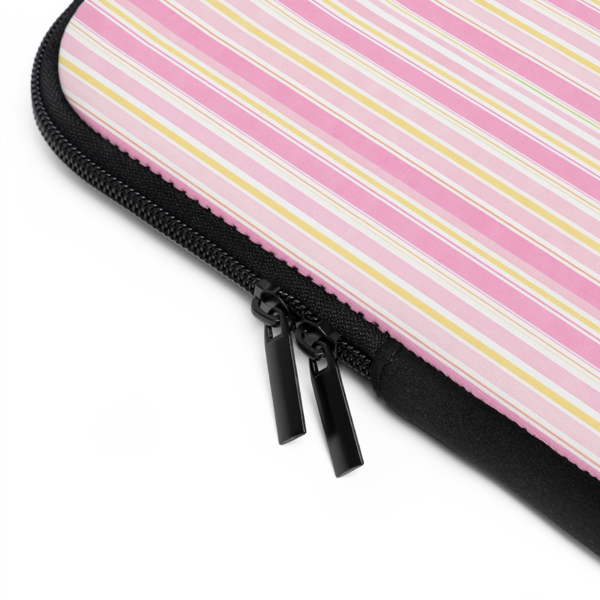 Close-up of black zipper and pink striped neoprene sleeve border